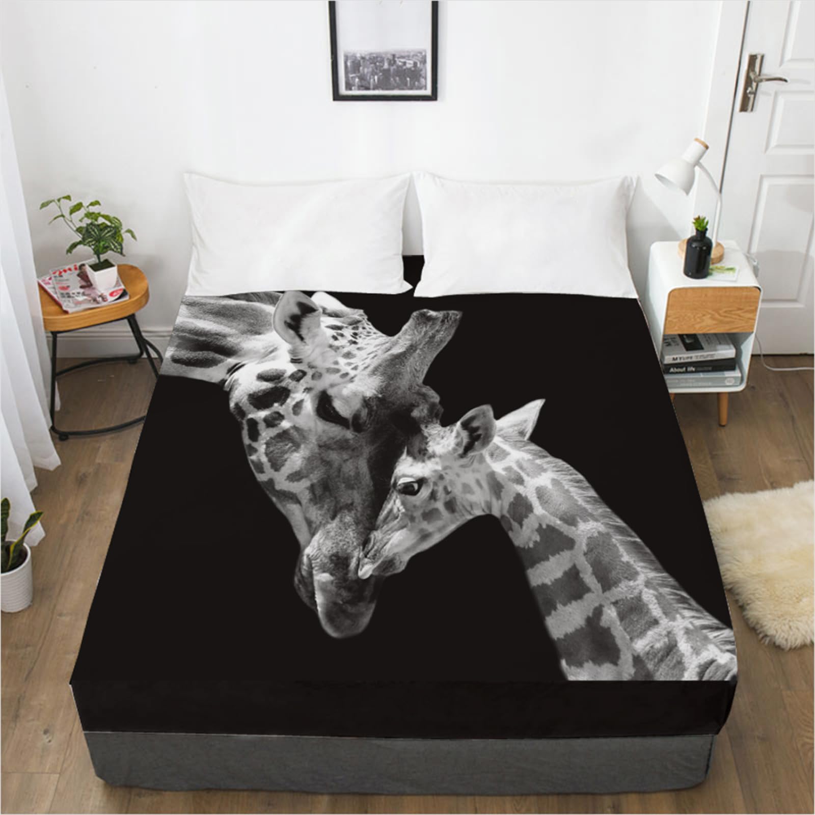 Sabana Bajera 200x200 Negro Giraffe Gris Sabanas 200x200 Protector Cama Transpirable Cubre Colchon Lavable Sabanas Microfibra Sábanas Elastico Sábanas Ajustable Funda Colchon Cubrecolchon