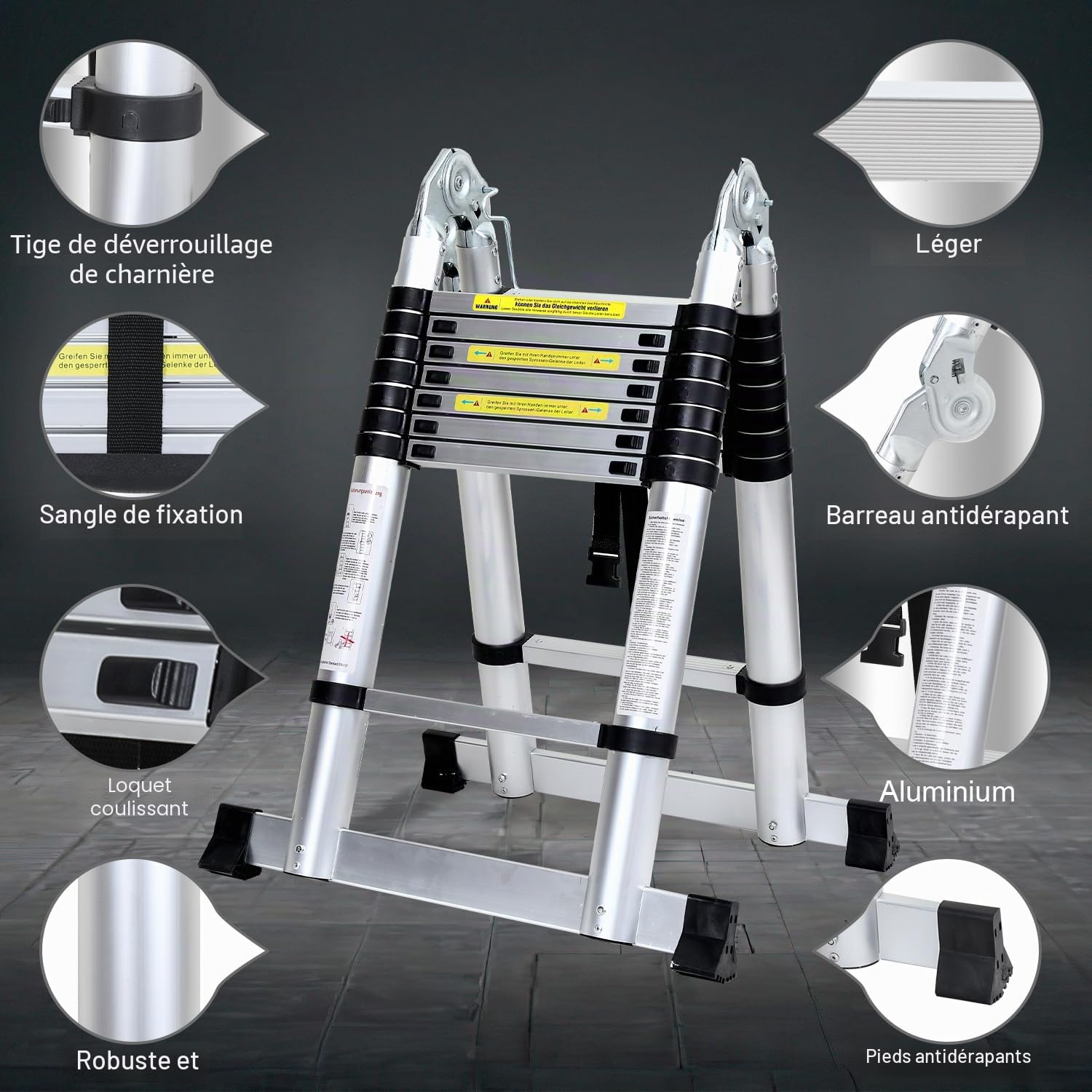 Échelle télescopique en aluminium - 3,2 m - Portable - Échelle télescopique en aluminium - Antidérapante - Multifonction - Charge maximale de 150 kg - Pour jardin, intérieur et extérieur