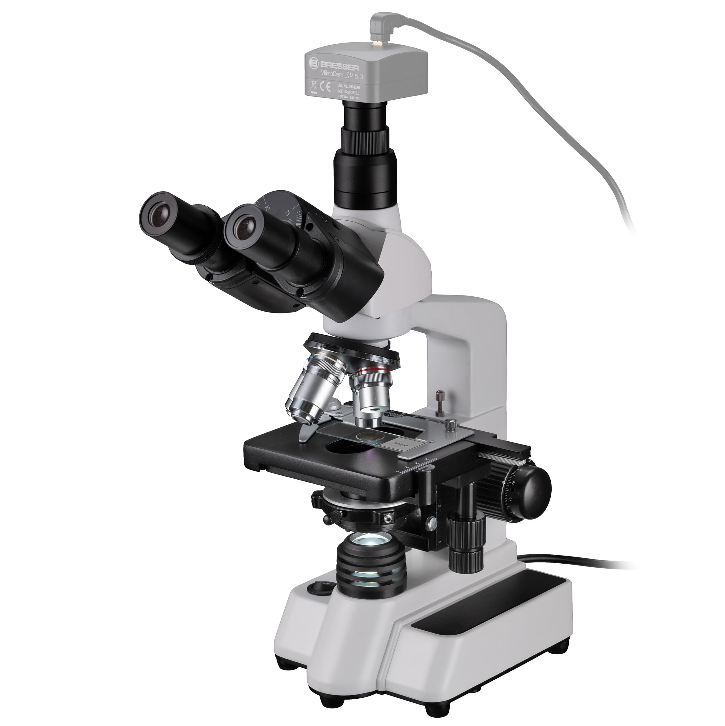 Bresser Transmitted Light Microscope Researcher Trino Magnification for Higher Demands, LED Lighting and Rotating Trinocular Extension, Blanc, 40 x 1000x