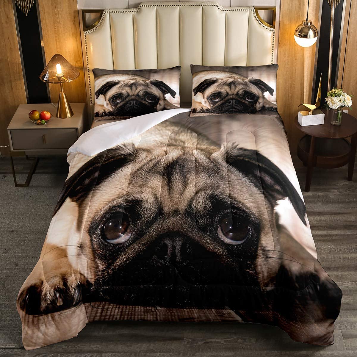 Erosebridl Cute Puppy Comforter Set, Pug Soft Print Decorative Down Comforter Full Size, Domestic Pet Quilted Duvet, Animal Breathable Duvet Set for Kids Boys Girls with 2Pillow Cases