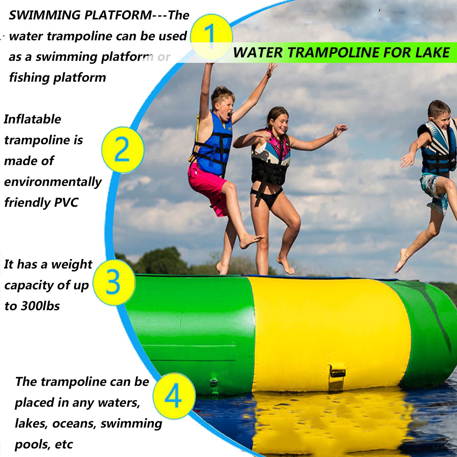 Inflatable Water Trampoline for Lake, Floating Rebounder Kids Adults Recreational PVC Water Trampoline Park,with Slide/Tube/Jumping Pillow Bag Bouncing Platform for Pool, Lake (Green, 13FT)