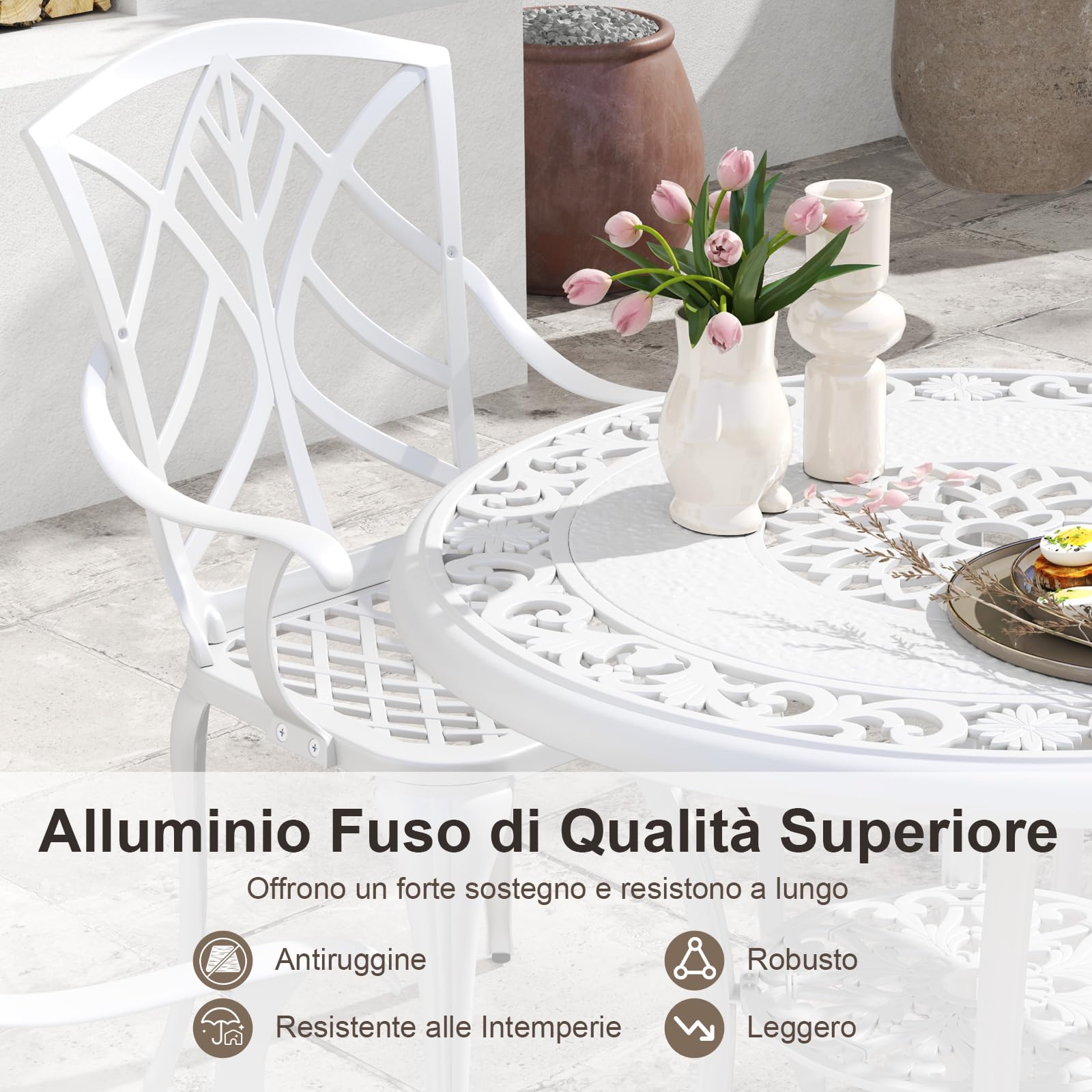 COSTWAY Set Tavolo e Sedie da Giardino, Set da Bistro 5 Pezzi con Foro per Ombrello, Tavolo da Pranzo e 4 Sedie, Arredamento da Giardino in Alluminio, per Giardino e Balcone, Bianco (Modello 2)