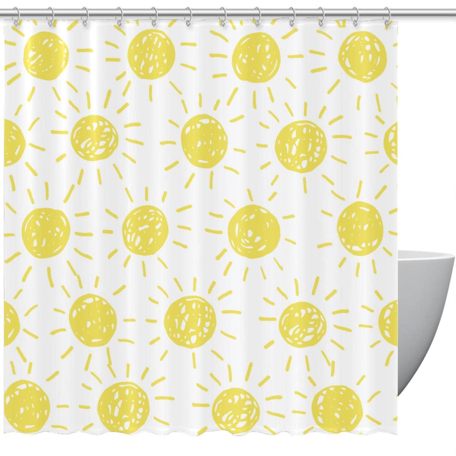 Rideau de douche en tissu motif soleil jaune pour salle de bain