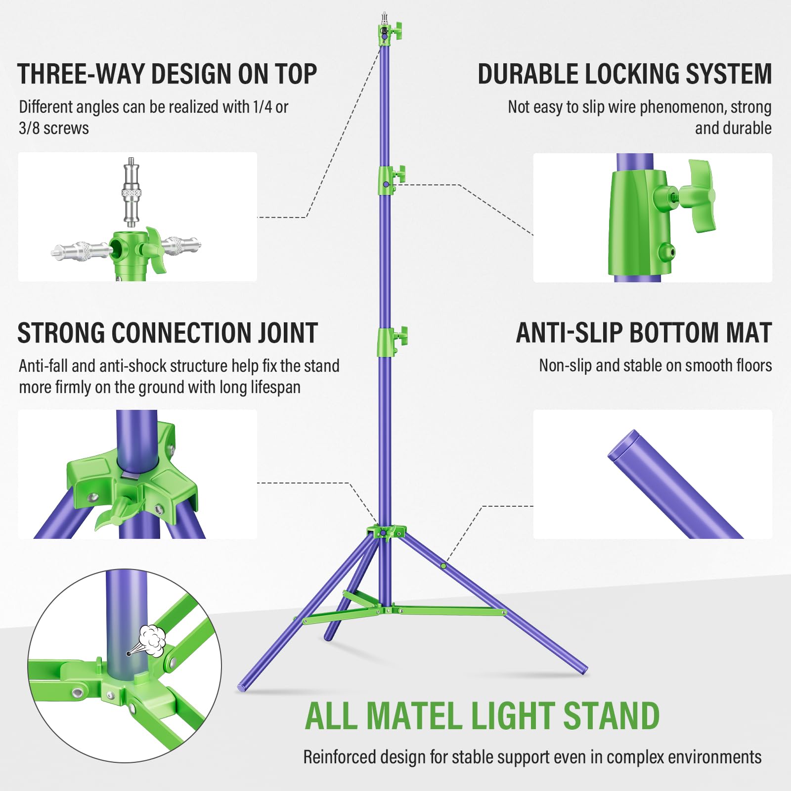 Soonpho Light Stand Pies Soporte Ligero de 280cm 9,1 Totalmente Metálico Amortiguador y Trípode Capacidad de Carga de 10kg para Fotografía en Exteriores y Retransmisiones en Directo (Morado&Verde)