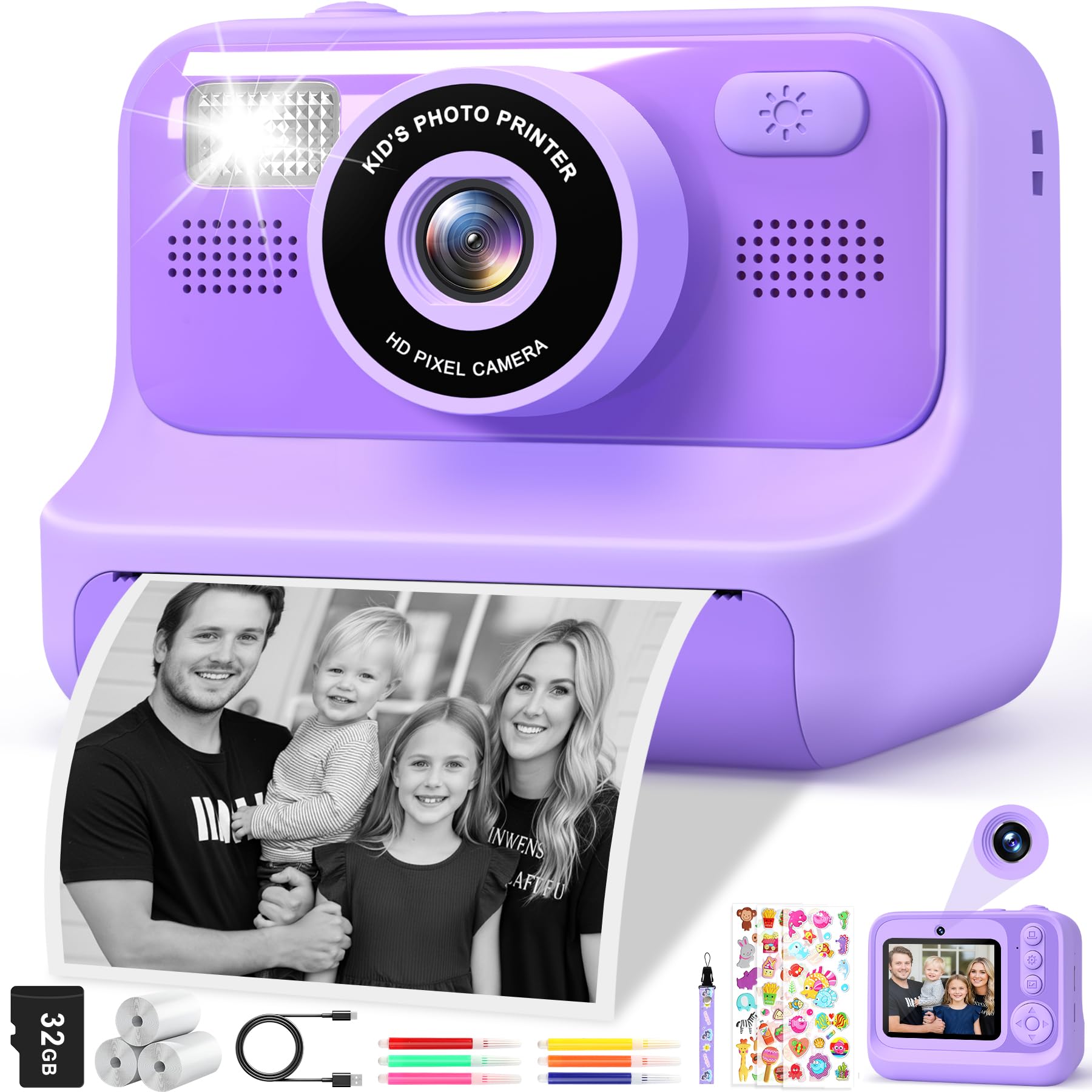 Instant Kids Photo Camera - 2.4 1080P, Dual Camera Digital Camera, Inkless, 32GB, Purple Global Recycled Standard Global Recycled Standard Global Recycled Standard