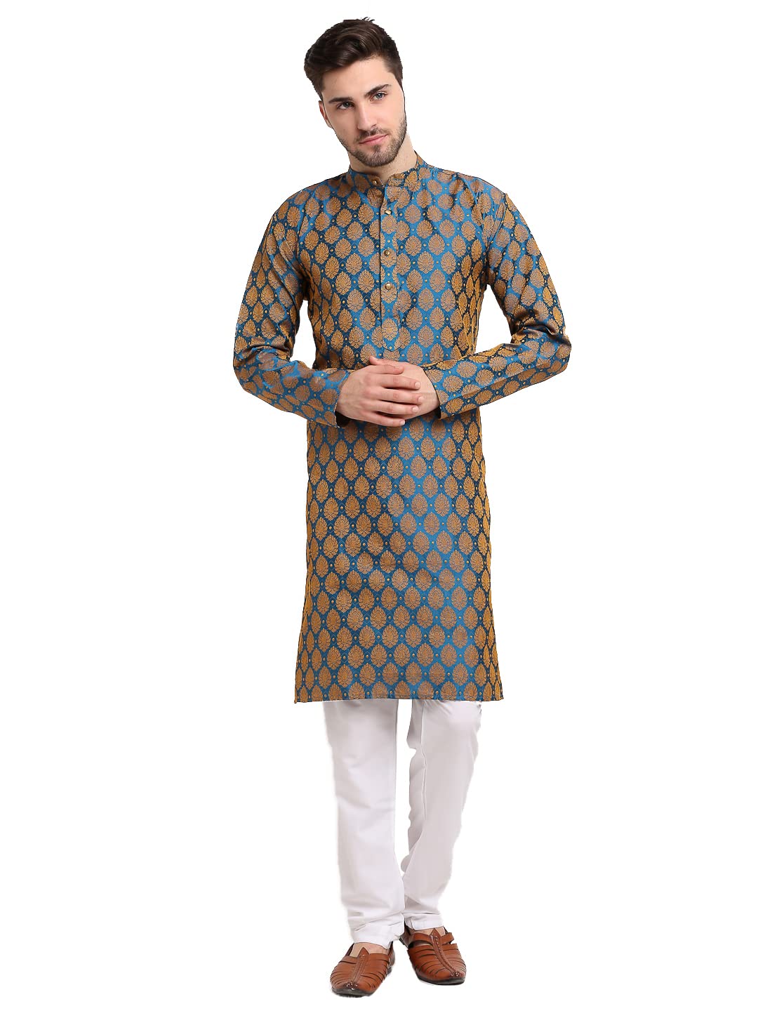Jompers Men Green Jacquard Woven Design Kurta Pyjama. (Blue, M)
