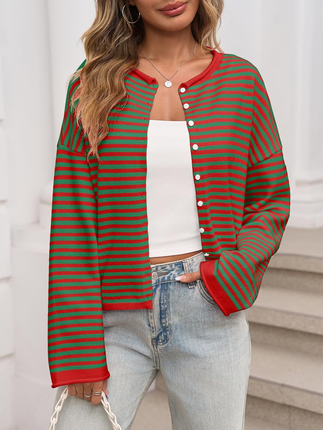 Saodimallsu Womens Striped Cardigan Casual Long Sleeve Open Front Button Down Loose Knit Lightweight Fall Sweaters - Image 2