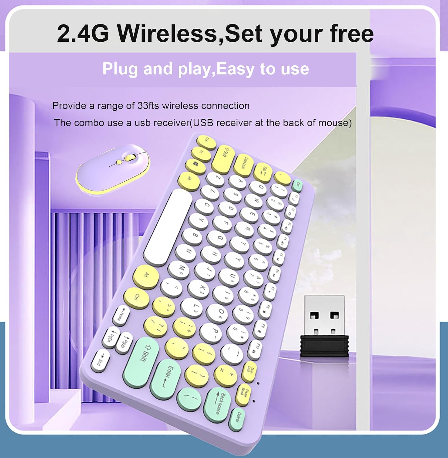 Wireless Mouse and Keyboard Combo,Silent Touch, Multimedia Keys, 2.4G Wireless Connection for Laptop Computer (Purple)