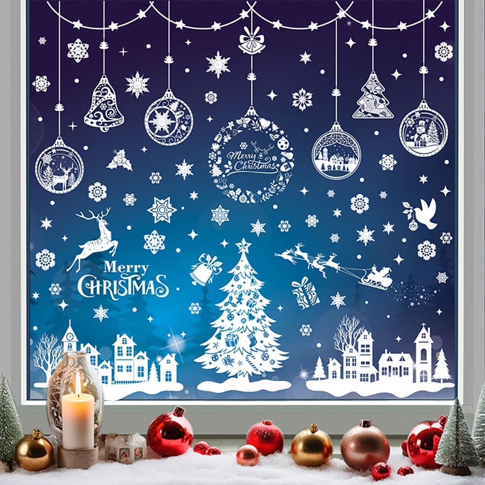 9 Sheets Christmas Window Clings for Home Decor,Window Sticker Winter Wonderland Decoration White Christmas Tree,Snowflake,Deer,Bell,House,Removable Glass Stickers Window Decals Silhouette for Party