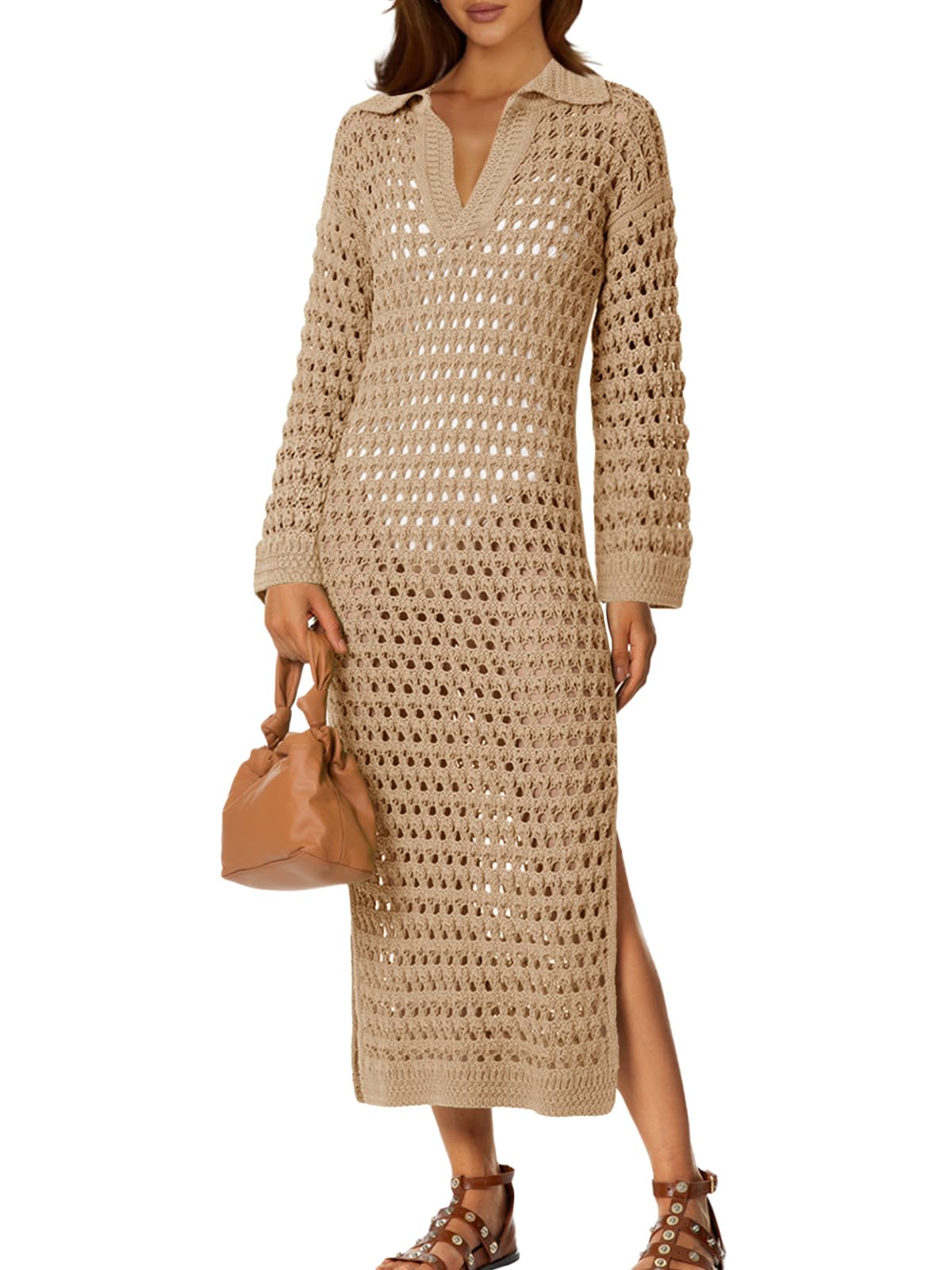 Women Swimsuit Crochet V Neck Collar Long Sleeve Mesh Knit Long Beach Dress Maxi Dress-image-23