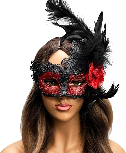 Máscara de plumas burlesque, máscara de encaje de Mardi Gras para mujer, disfraz de plumas de pavo real, máscara de brocado veneciano