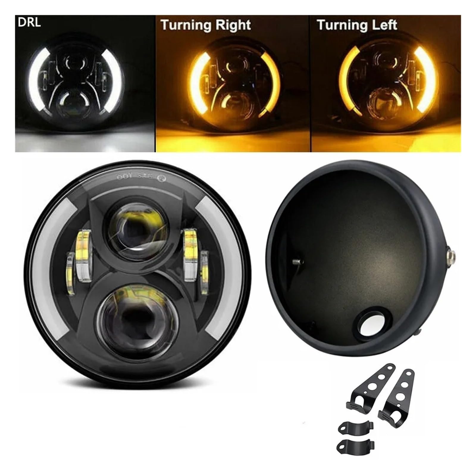 Faro Delantero Universal LED Retro 7.5 Pulgadas Modificado Con Luces Altas Y Bajas DRL Y Carcasa Faro Negro Mate Con Soporte Conjunto De Faro Moto(Light and housing3)