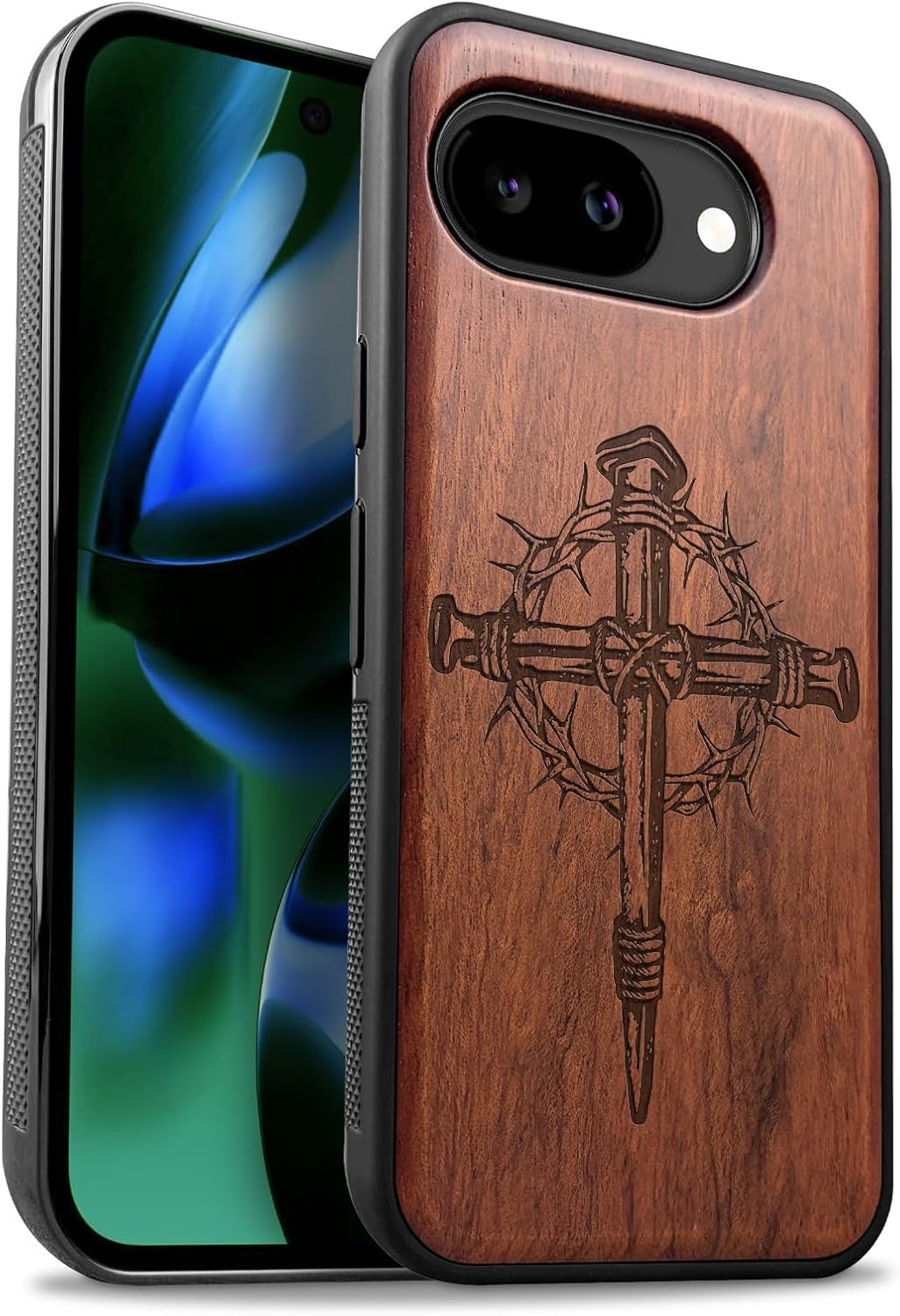 Carveit Magnetic Wooden Case for Google Pixel 10a Case, Wood Artisan Engraved & Soft TPU Shockproof Cover, Compatible with MagSafe Wireless Chargers (Crucifix Nails) Rosy