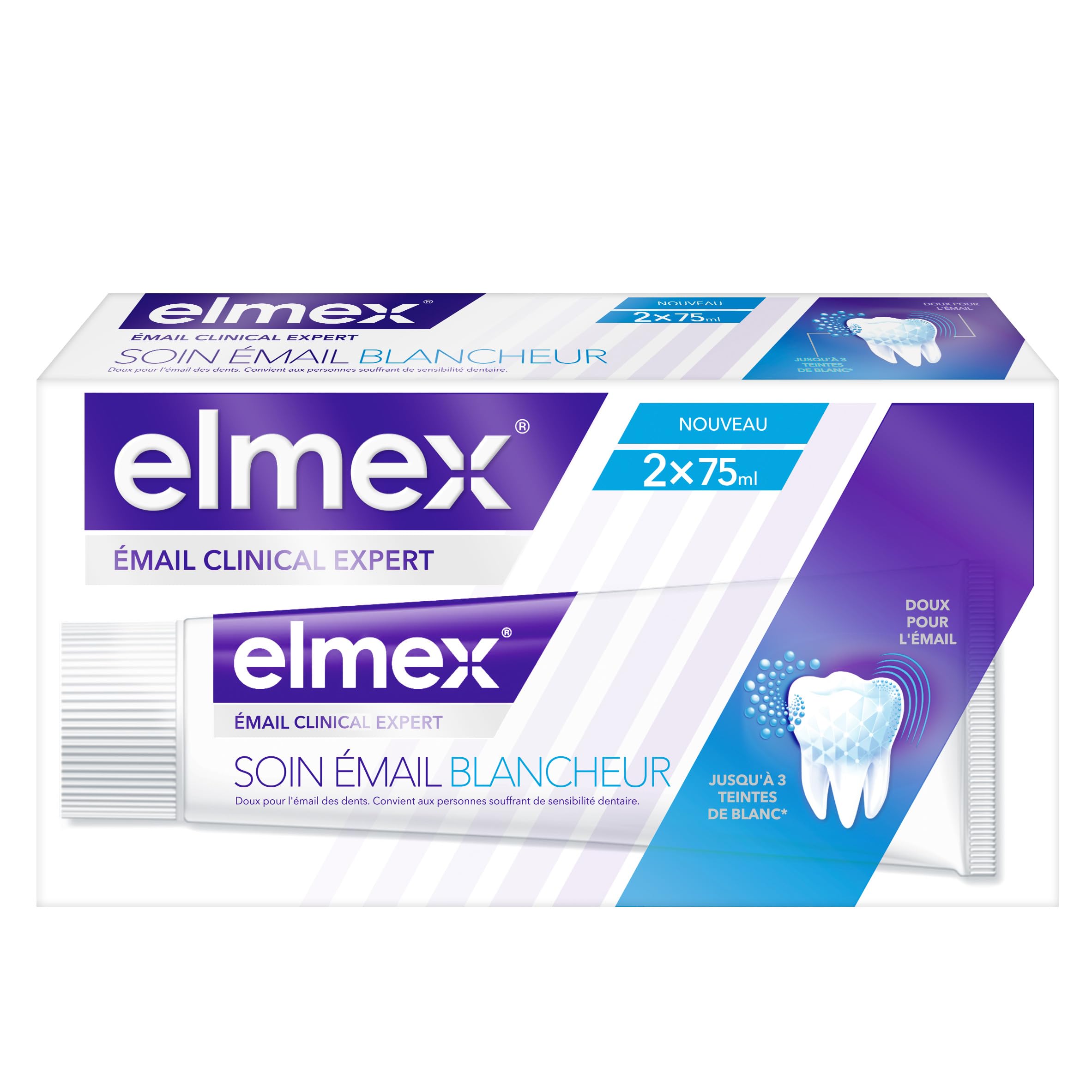 ELMEX - Pasta do zębów Clinical Expert - Pielęgnacja bieli szkliwa - Ochrona szkliwa i zapobieganie próchnicy - Do 3 odcieni bielszych - Zestaw 2x75 ml