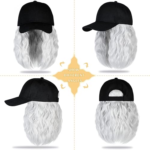 Miniatura 2 de Gorra de béisbol con extensiones de cabello, peluca ajustable, gorra rizada de 14 pulgadas, peluca sintética para mujer, color gris plateado