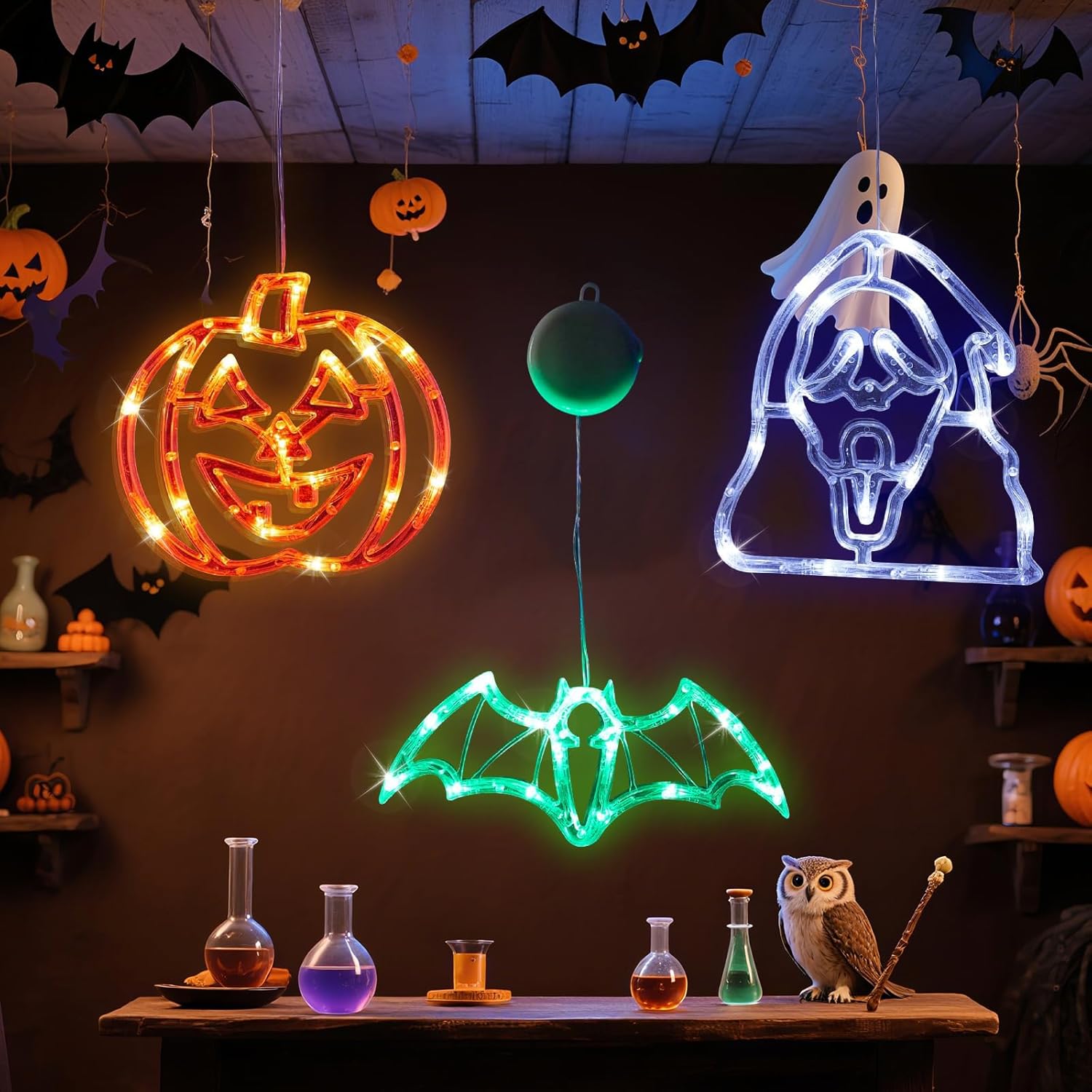 Halloween Window Lights, 3 Pack Halloween Decoration Lights with Suction Cup Battery Operated, Orange Pumpkin, Blue Ghost, Green Bat, for Indoor Home Party Decorations