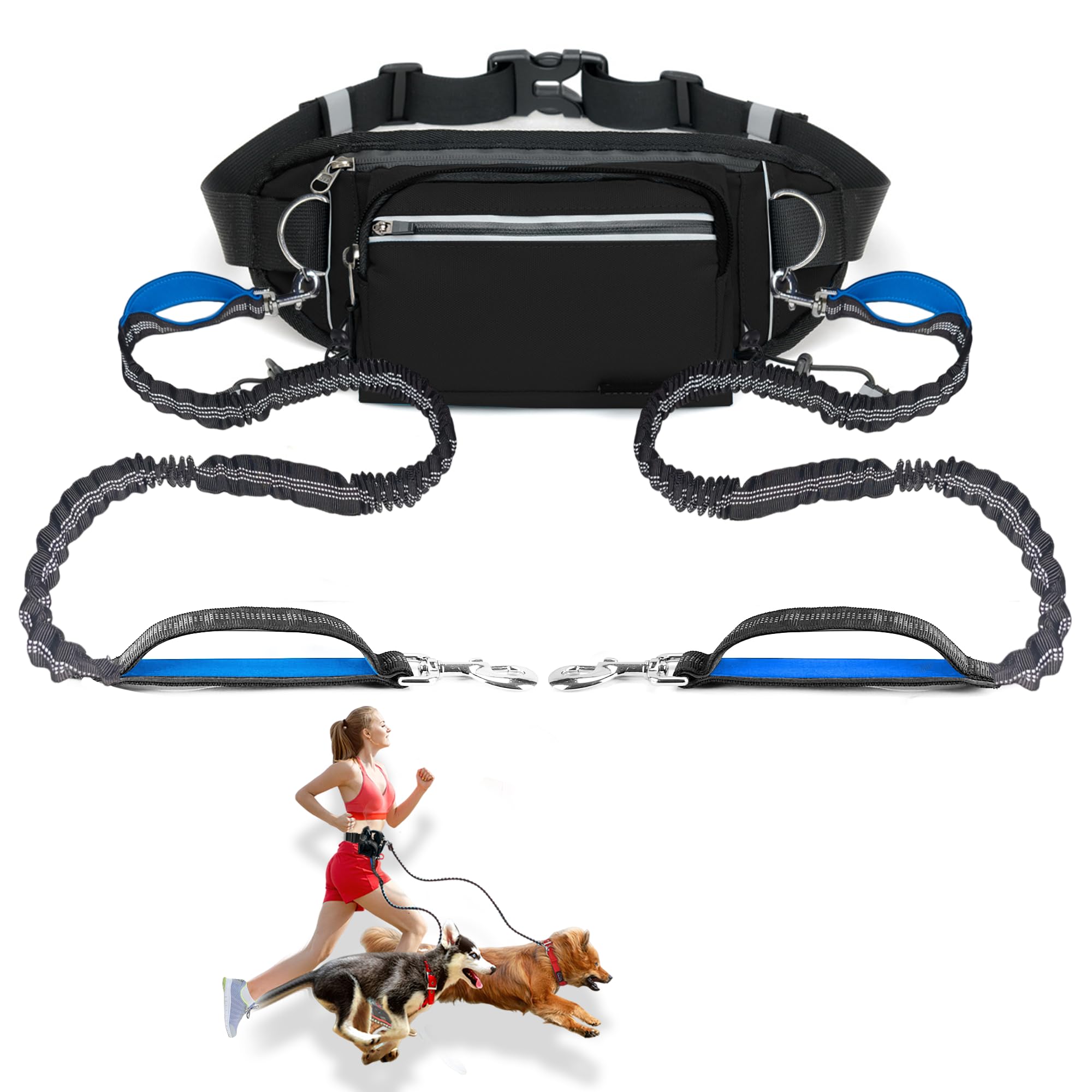 Hands Free Dog Leash for 2 Dogs,Adjustable Waist Dog Running Leash with Dual Padded Handles,Reflective Bungee for Walking Hiking Running Jogging,Fits Small to Large Dogs