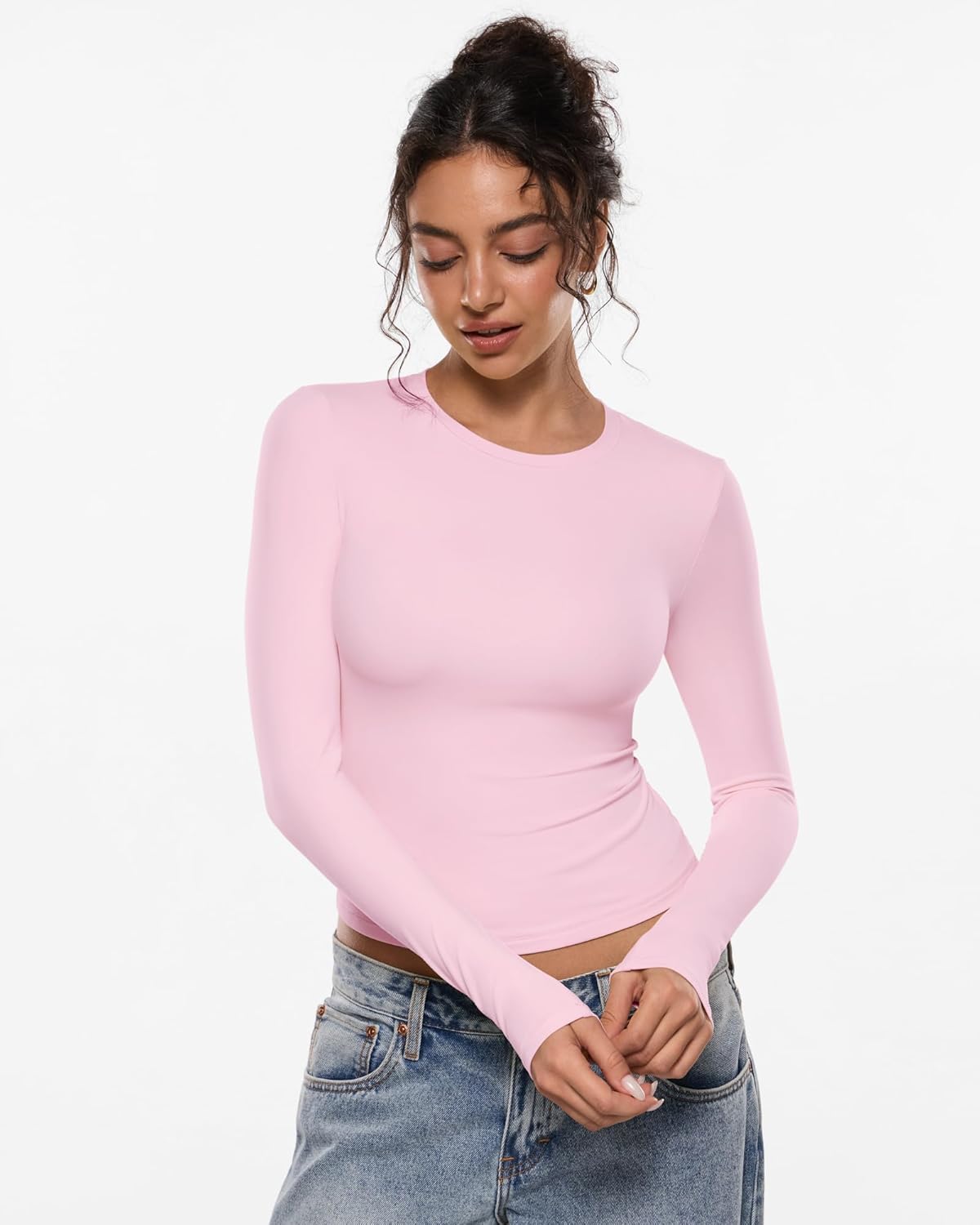 INLYRIC Women's Airsoft Long Sleeve T-Shirts Single Layer Crew Neck Basic Tees Slim Fitted Going Out Tops Trendy - Image 4