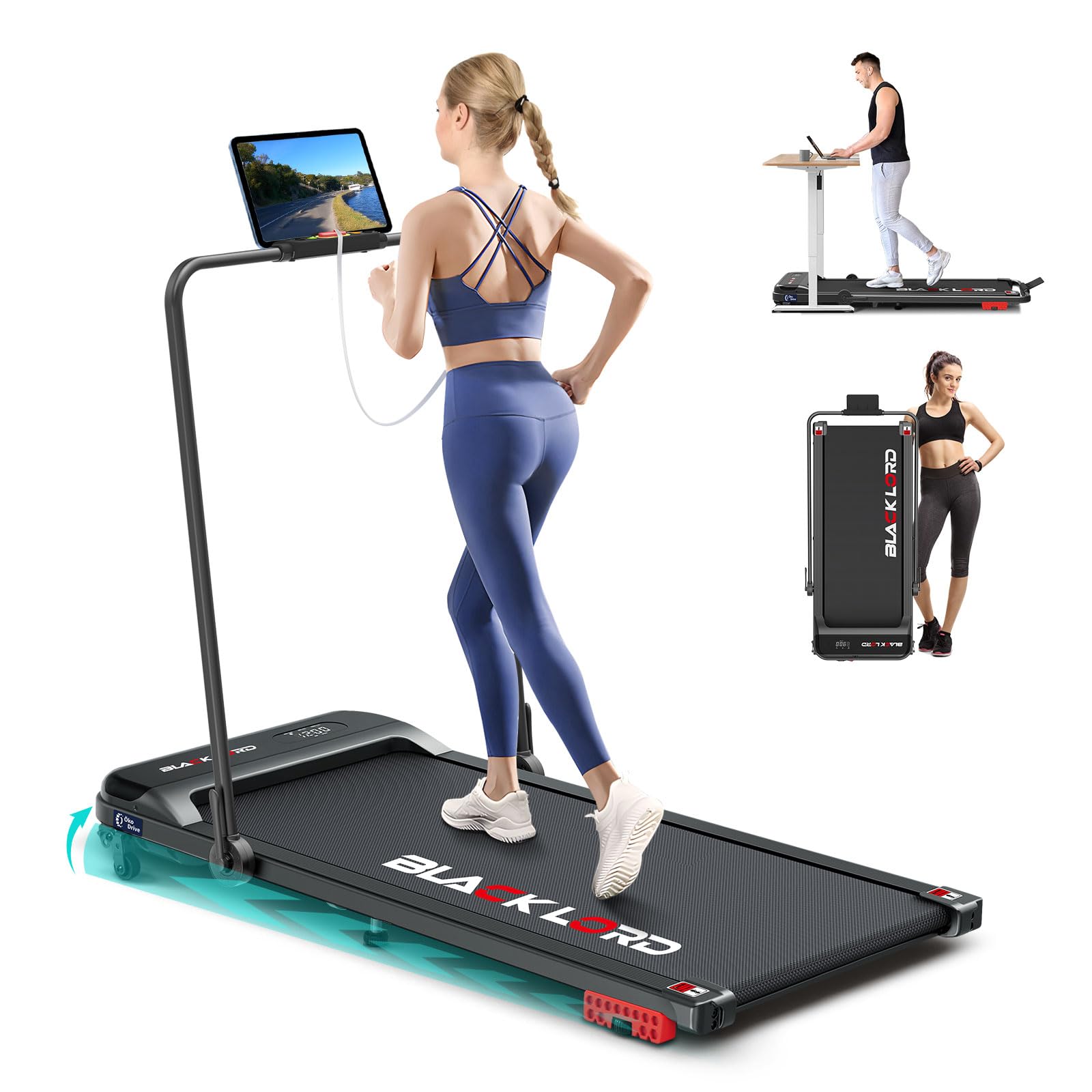 BLACK LORD Laufband, Walking pad 9/12/16 km/h, Laufmattemit/ohne 9% Steigung, unter dem Schreibtisch,tragbar, leise, LED-Display, App, 120/130/140 kg Belastbarkeit, Zuhause und Büro, 2,2/3,0/3,2 PS