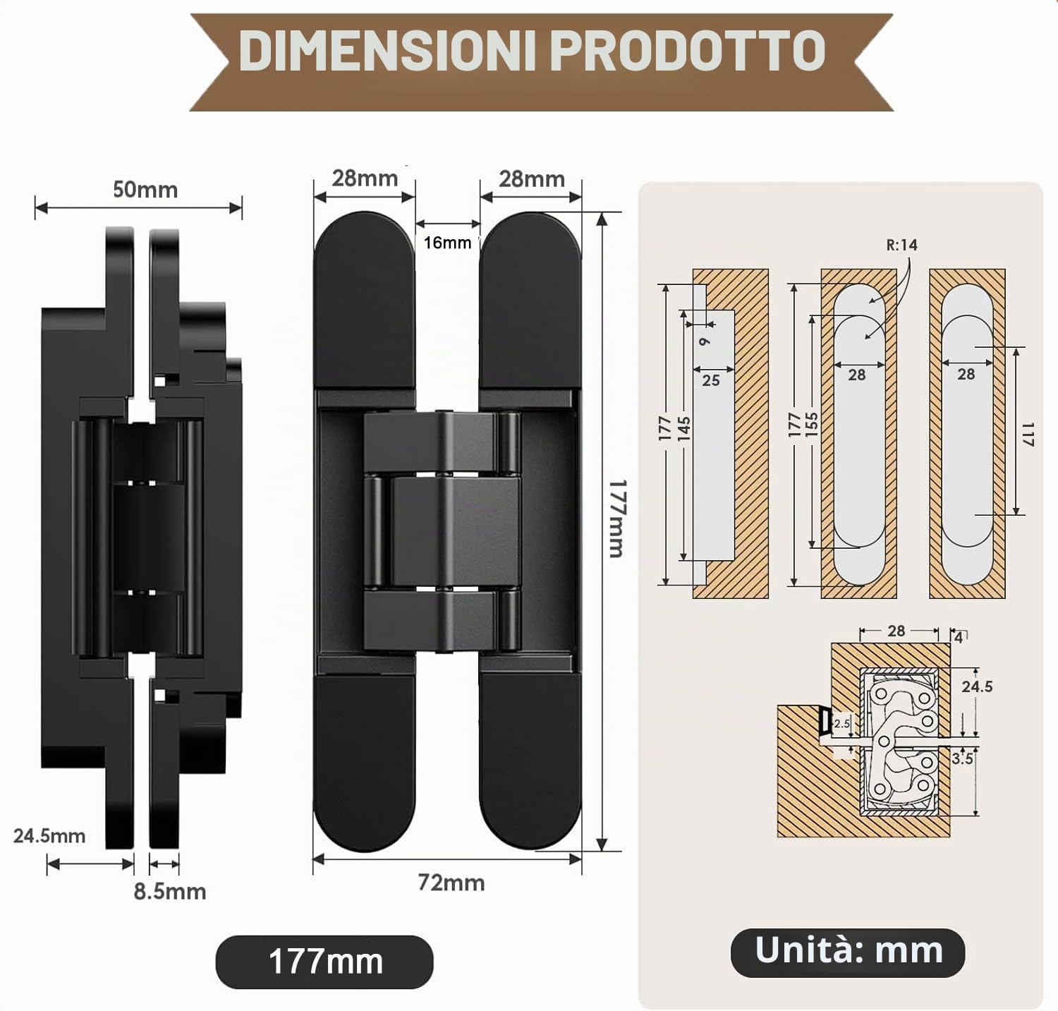Cerniera a Scomparsa 17,7cm - Nascosta per Porte in Legno, Angolo d'apertura 180°, 3 Vie Regolabile, Nero, 2 Pezzi