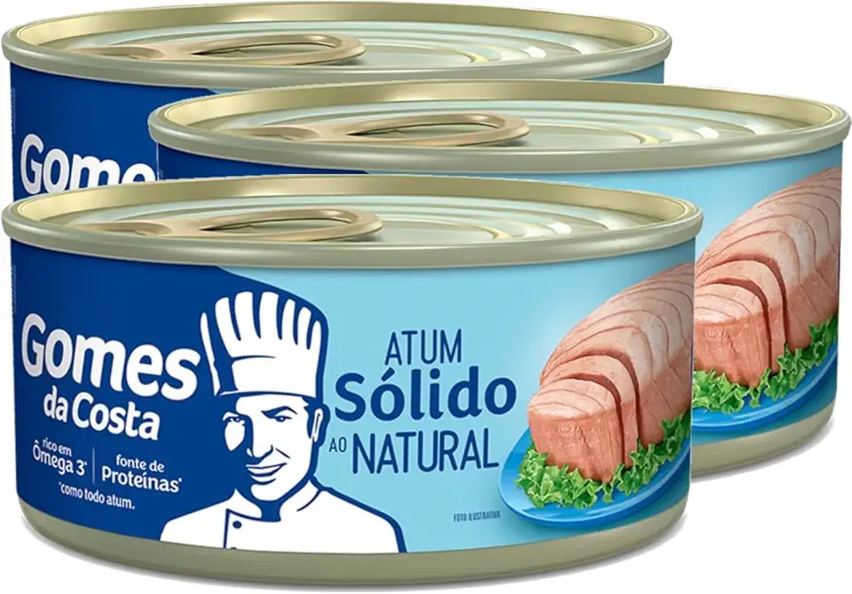 Kit com 3 Latas - Atum Sólido ao Natural Gomes da Costa 170g - Conserva em Água e Sal - Fonte de Proteína Magra e Ômega 3 - Ideal para Dietas, Fitness e Alimentação Saudável