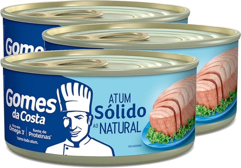 Kit com 3 Latas - Atum Sólido ao Natural Gomes da Costa 170g - Conserva em Água e Sal - Fonte de Proteína Magra e Ômega 3 - Ideal para Dietas, Fitness e Alimentação Saudável