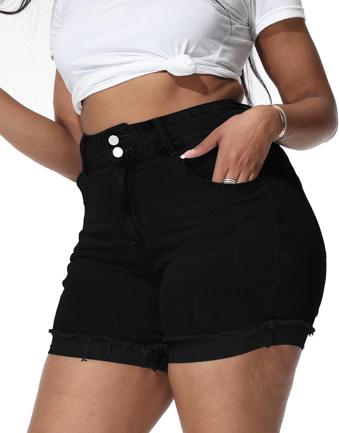Womens Plus Size Jean Shorts High Waisted Stretchy Ripped Frayed Folded Hem Denim Shorts - Image 3