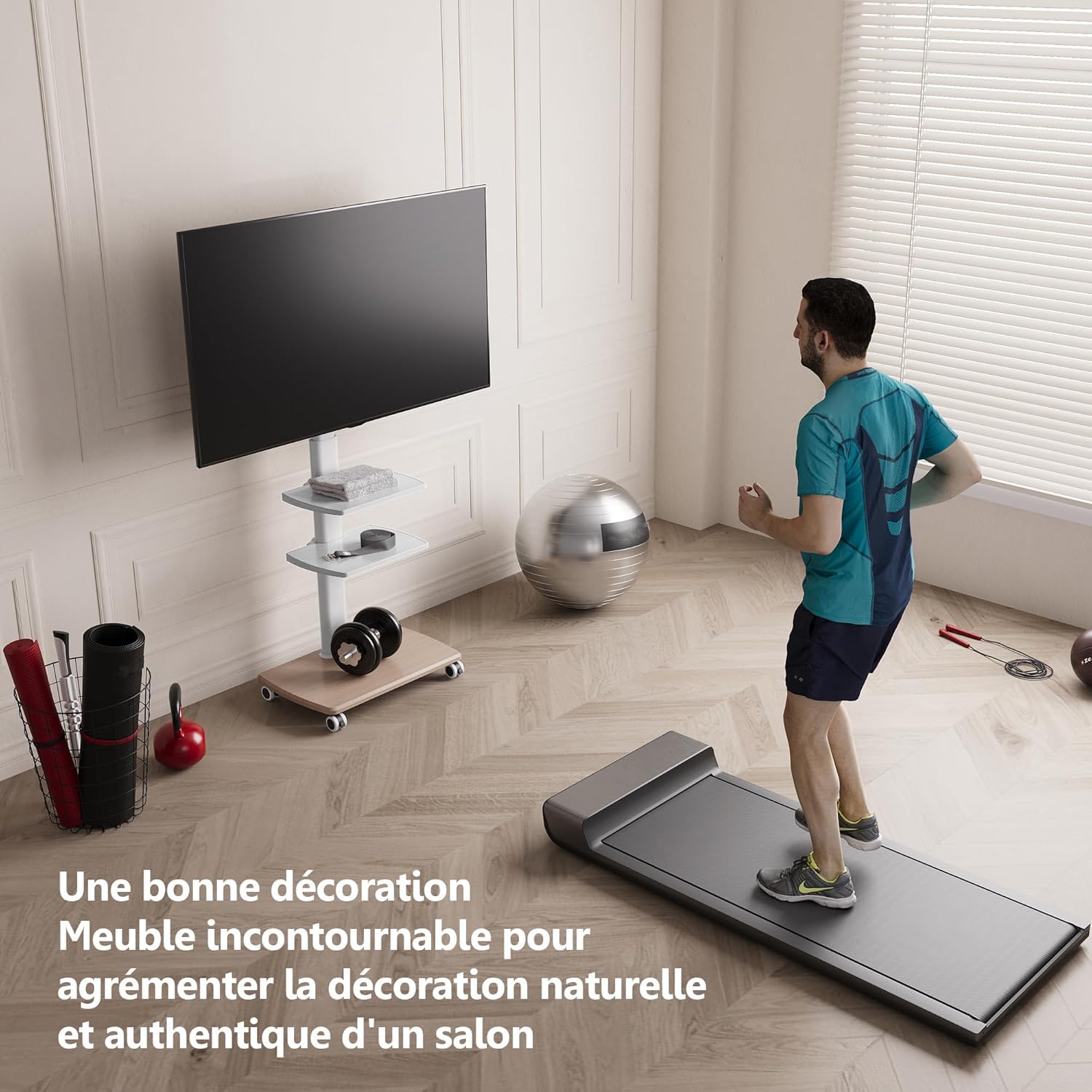 FITUEYES Support TV roulettes avec Pied en Bois pour TV de 32 à 70 Pouces,Support TV sur Pied 6 Réglables en Hauteur Pivotant 60° jusqu'à 40 KG- Max VESA 600X400 MM-Gestion des câbles