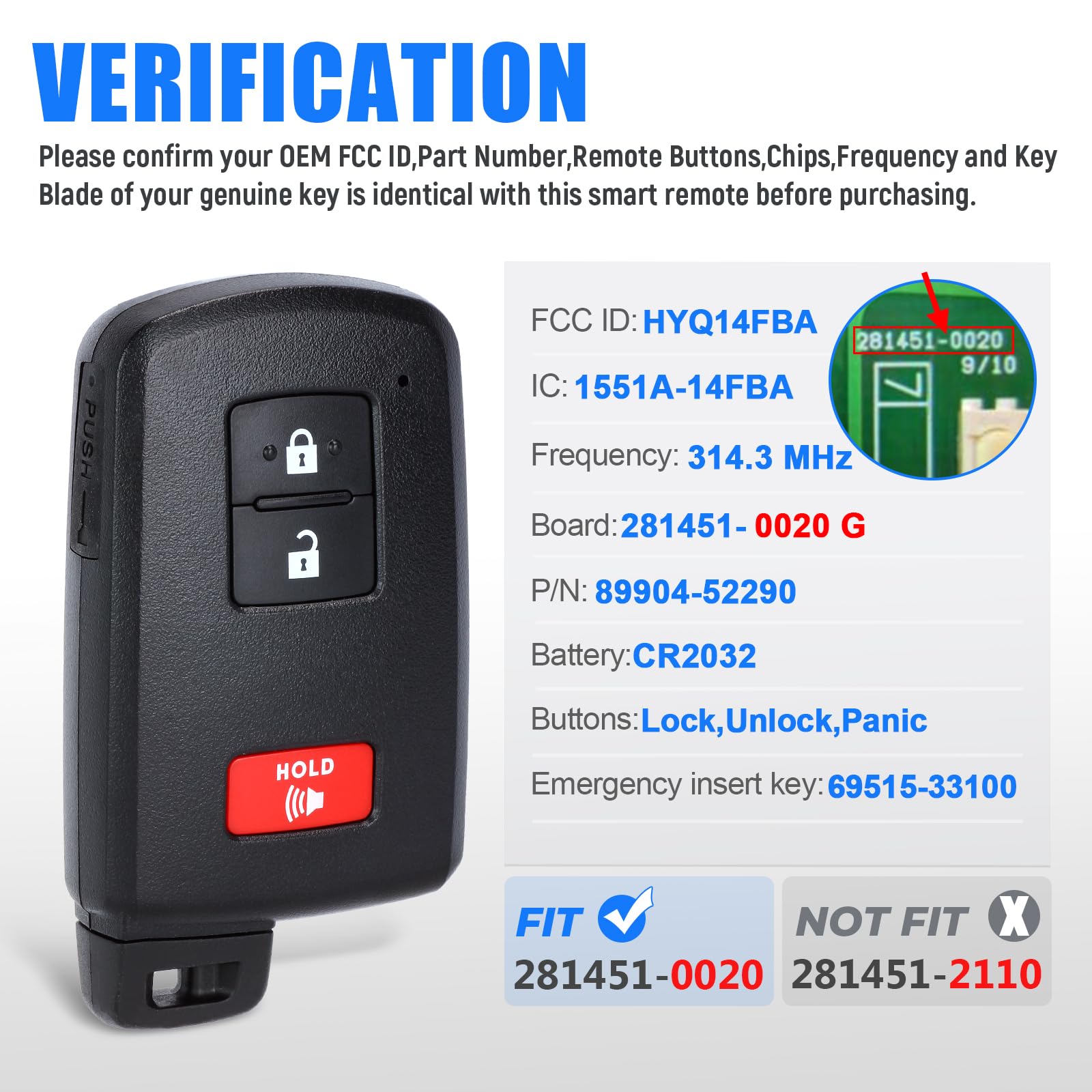 Keymall Key Fob Smart Transmitter Keyless Entry Remote Replacement for Toyota RAV4 Prius C 2013-2019 281451-0020 G Board HYQ14FBA 89904-52290 3 Buttons