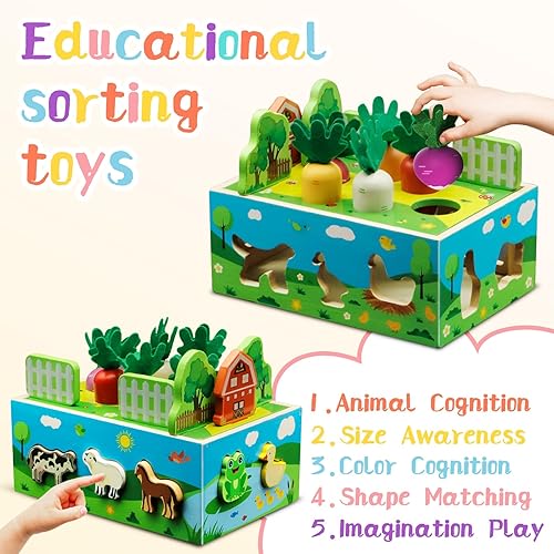 Miniatura 3 de BESFAN Montessori - Juguetes de madera, 25 piezas de juguetes de aprendizaje para niños pequeños con 10 animales de granja, tapete de juego de