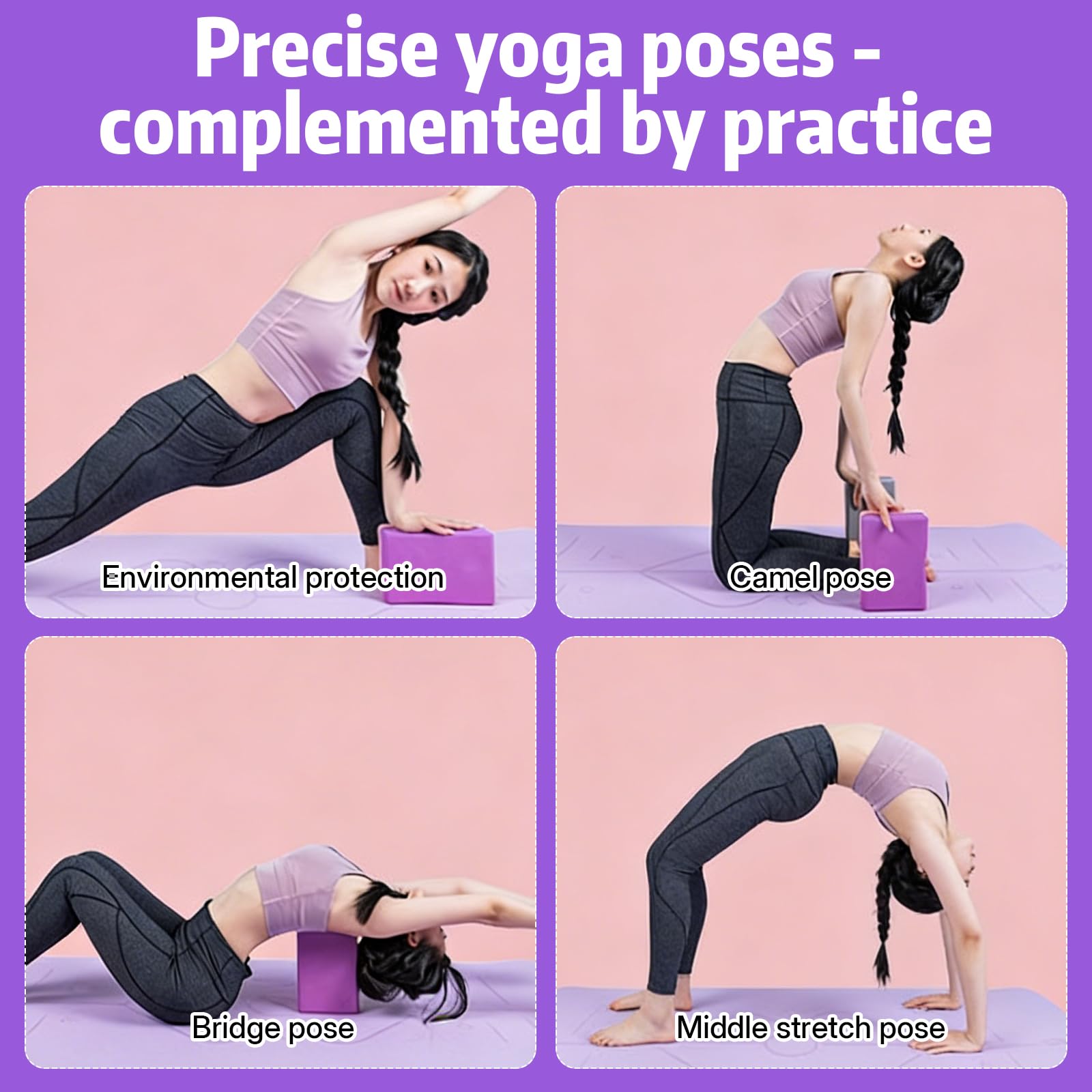Lot de 2 Brique Yoga Avec Bandes de Fitness, Bloc Yoga Violets EVA | de haute densité bloc de mousse pour pilates étirement méditation accessoires de fitness