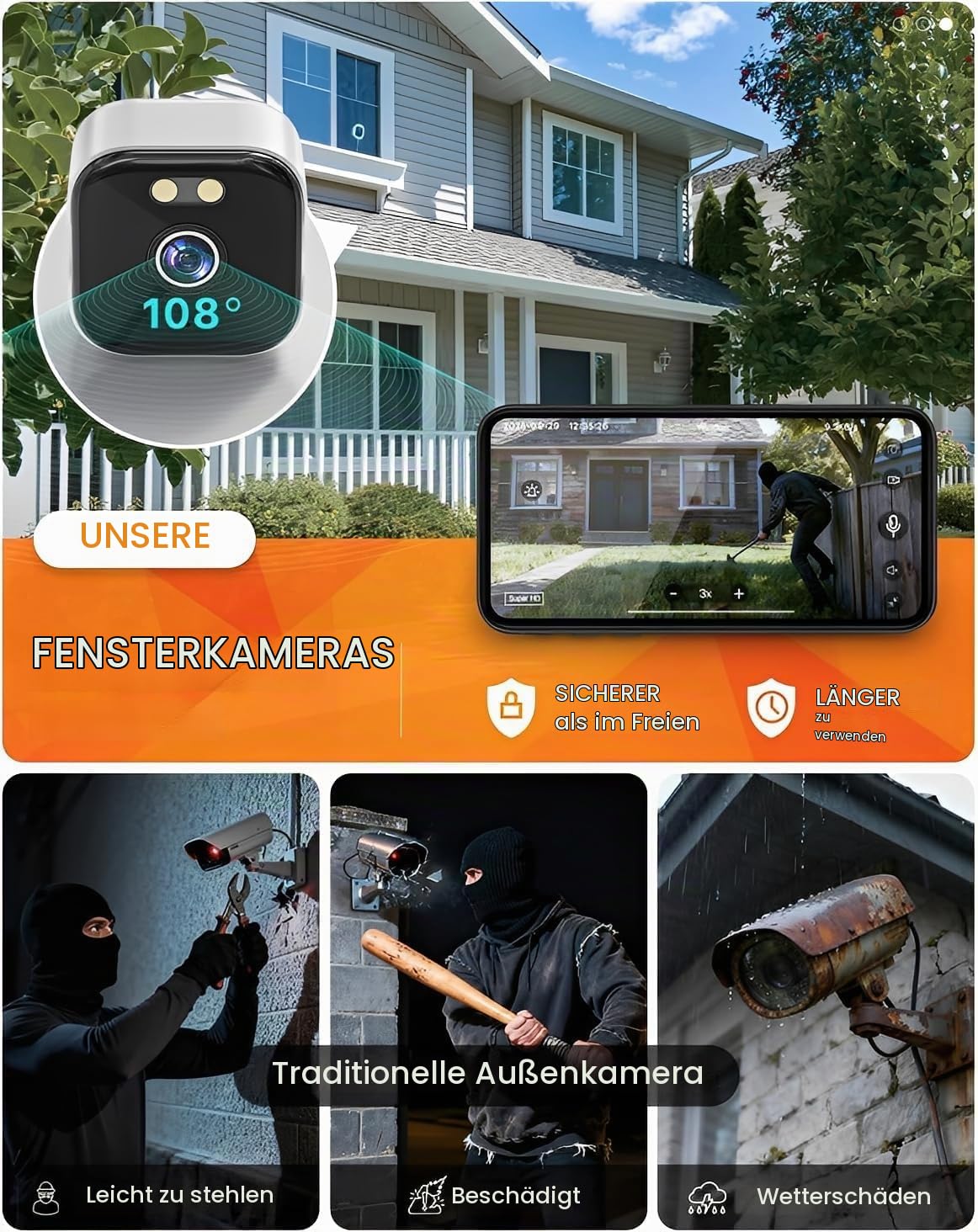 2K Fensterkamera Innen für Außenüberwachung, 3MP WLAN Kamera 2.4G/5G, KI Farb-Nachtsicht, Anti-Glare, PIR Bewegungserkennung, 24/7 Aufnahme, Alexa Kompatibel, Einfache Montage ohne Bohren, Weiß