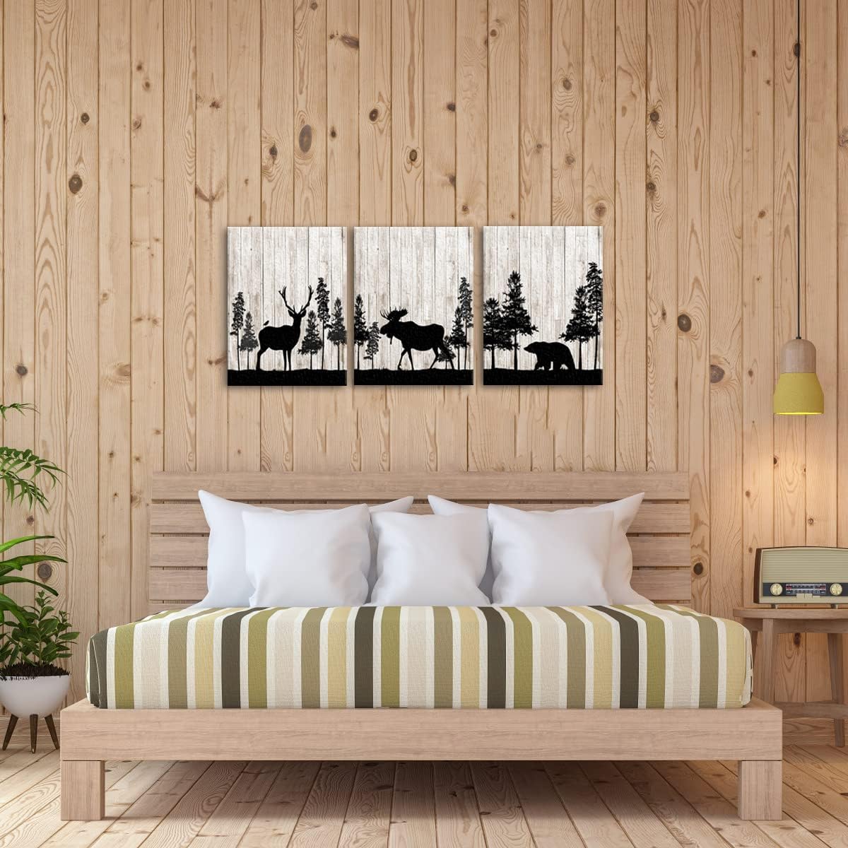 Apicoture Woodland Cabin Wall Decor - Woods Theme Animal Bear Moose Elk Wall Art Decorations Rustic Nursery Living Room Bedroom Wall Framed,12x16'X3panels