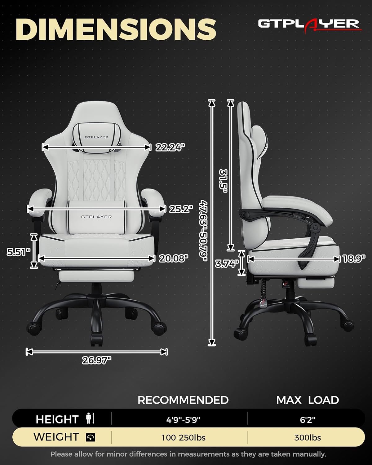GTPLAYER Big and Tall Gaming Chair with Footrest, Ergonomic Office Desk Chair with 4.4in Thick Cushion and Wide Wingless Seat, Comfortable Leather Computer Chair, Predator Series, White/Black Trim - Image 2
