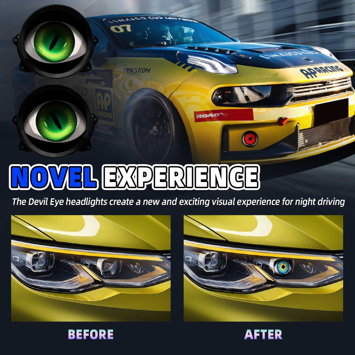 SUBPLUSIX Demon Eye Headlights for Motorcycles, 2PCS LED Dynamic Devil Eyes Light Kit with HD Lens, 31 Animated Eye Patterns, Universal 12-36V Eyeball Lights for Motorcycle, Car Accessories