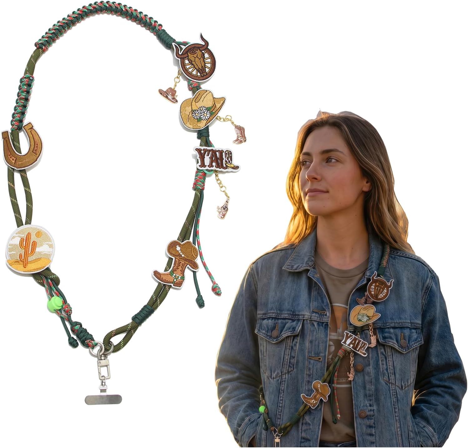 Retro Western Crossbody Phone Strap Kit, Cowboy Braided with Vintage Charms & Attachable Embroidered Patches, DIY Purse Strap Accessory