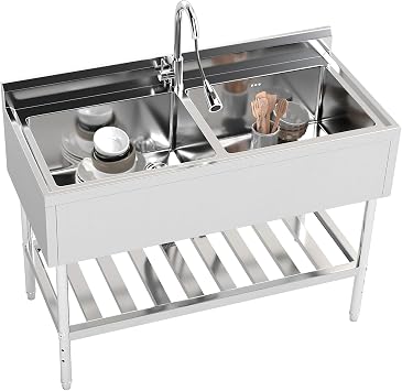 Stainless Steel Utility Sink, 47 Double Bowl Kitchen Sink with Cold and Hot Water Pipe, Free Standing Indoor and Outdoor for Laundry Room Farmhouse Kitchen47inch