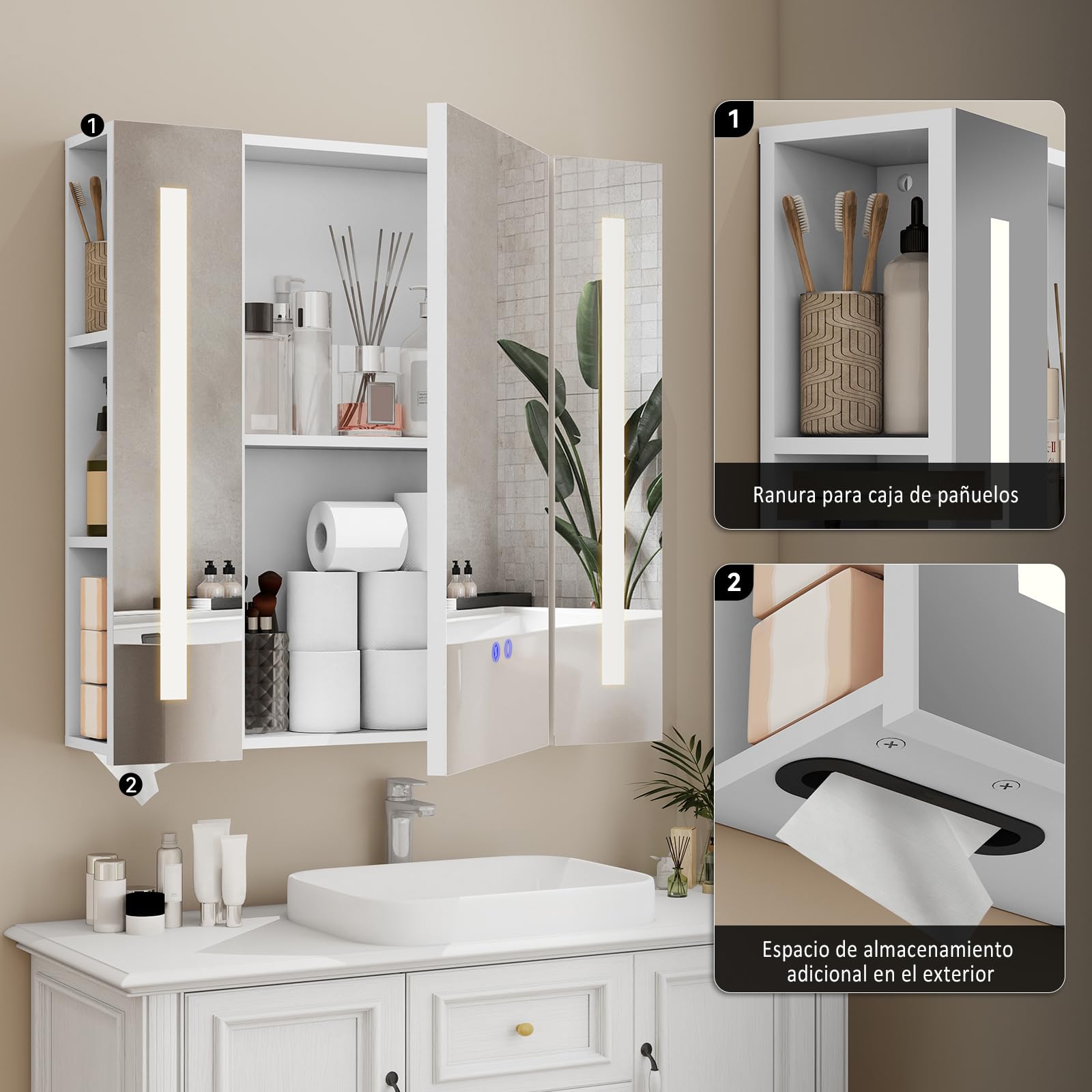 YU YUSING Mueble de Baño de Pared, Armario con Espejo y Estantes | Espejo LED 70 x 16 x 70 cm y Puertas Ajustables, Antivaho, Regulable en 3 Colores, Madera MDF, Blanco
