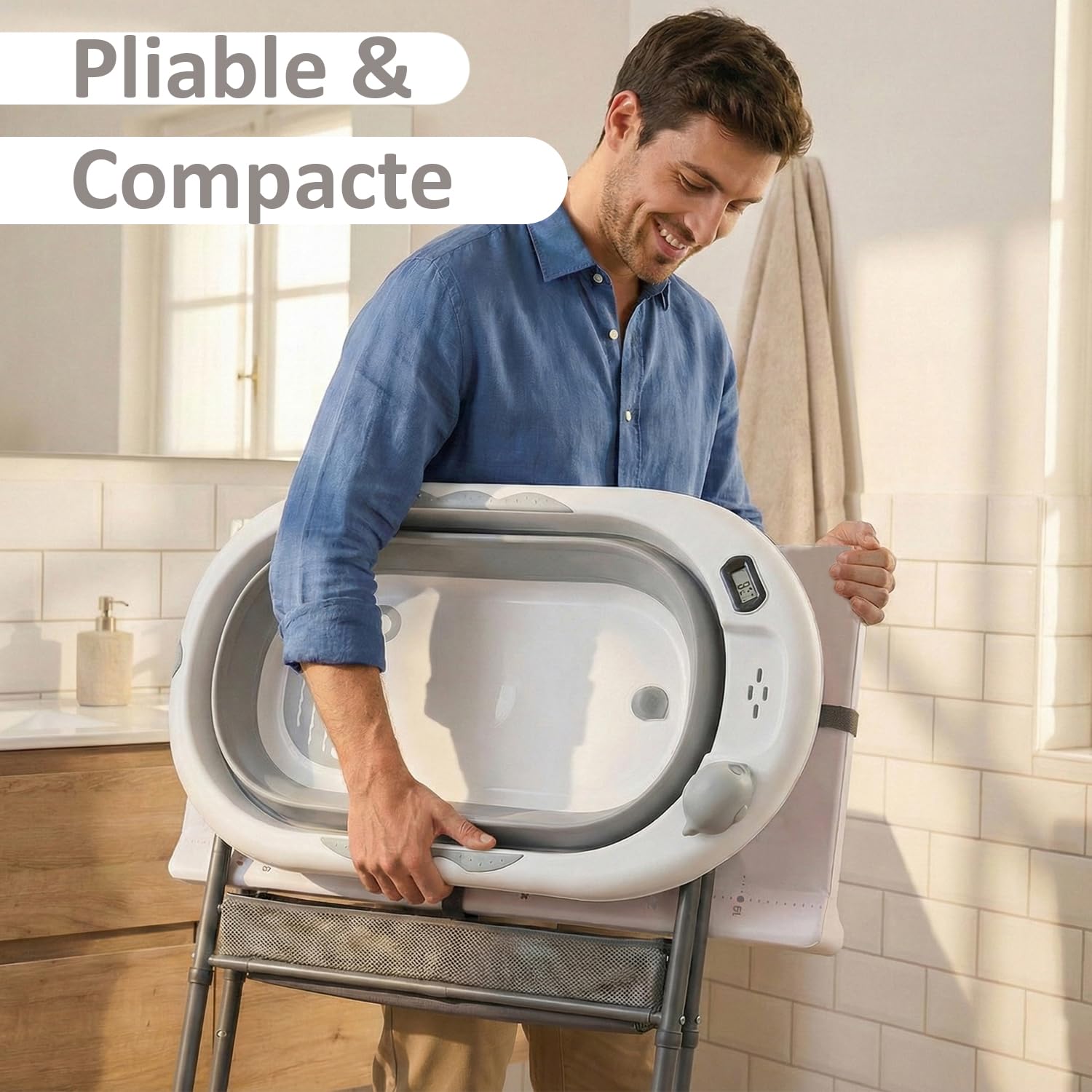 Table à Langer Bébé 2-en-1 avec Baignoire Pliable Pied Hauteur Ergonomique Thermomètre Gris
