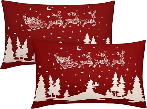 Juego de 2 fundas de almohada lumbar de Navidad con ciervos de Papá Noel, 12 x 20 pulgadas, fundas de almohada rectangulares de lino para vacaciones