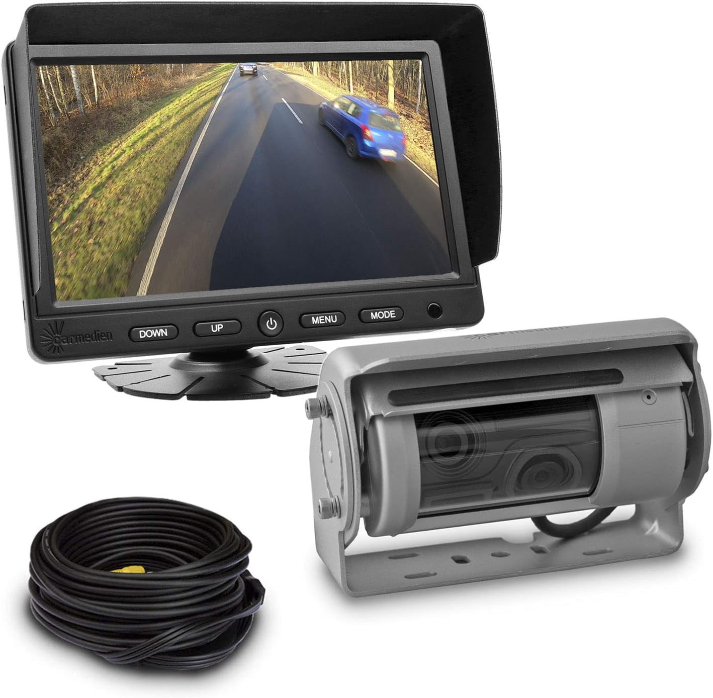 Premium CM-DSKRFS2 RV Reversing Backup System 150° + 53° Twin Shutter Rear View Camera Wiper Micro 7" Auto Monitor Display