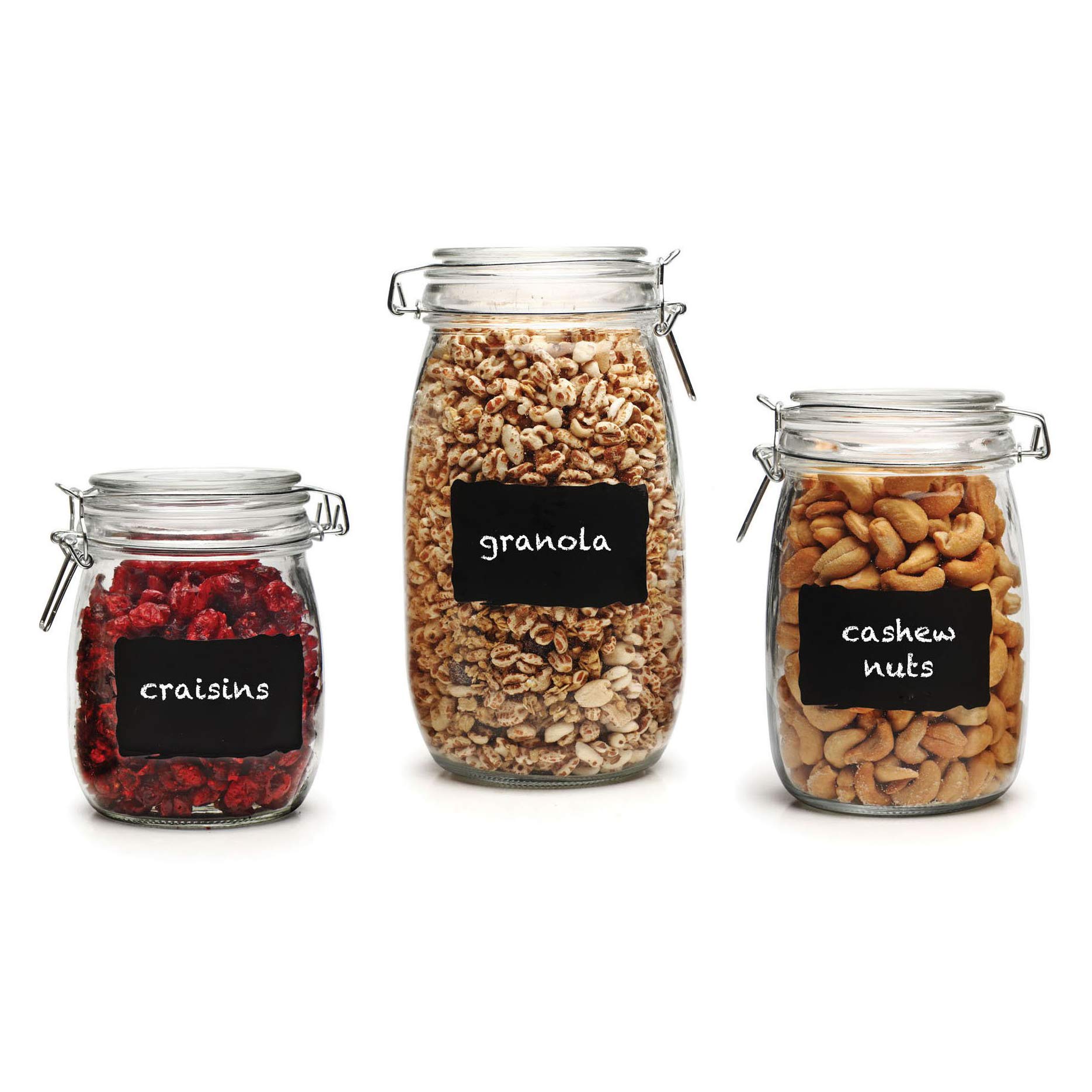 Circleware Chalk it up Chalkboard Glass Jar Canister Set with Hermetic Locking Lids, Set of 3, 5.5"/6.5"/8", Clear
