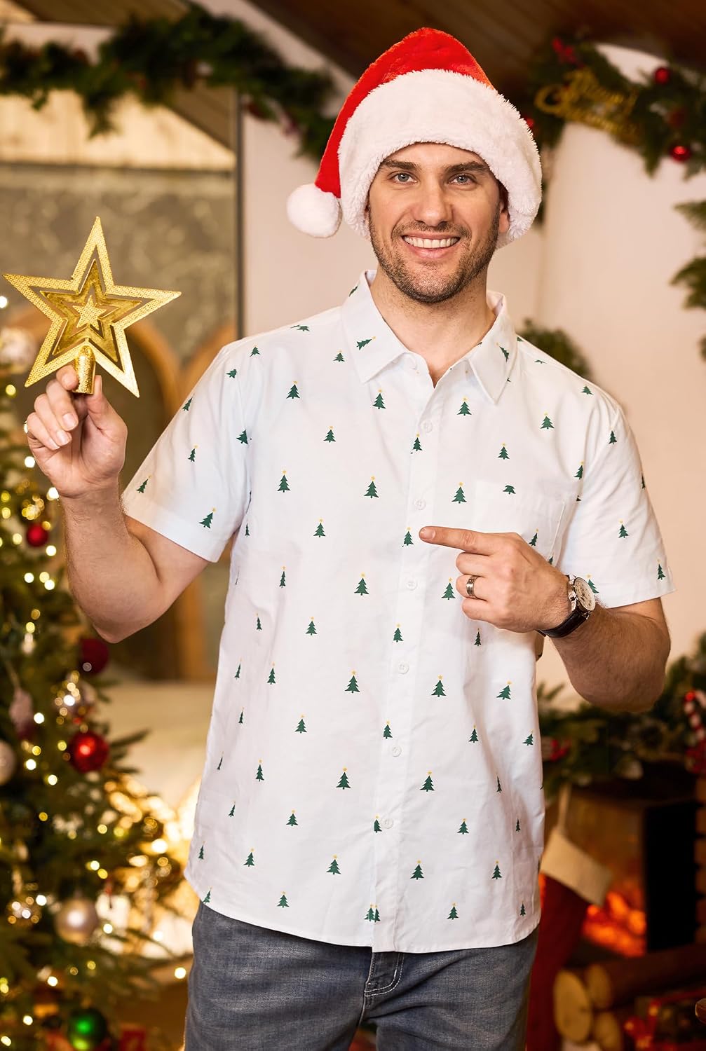 Arvilhill Men's Christmas Button Shirt Cotton Holiday Xmas Graphic Short Sleeve Shirts (S-3XL)