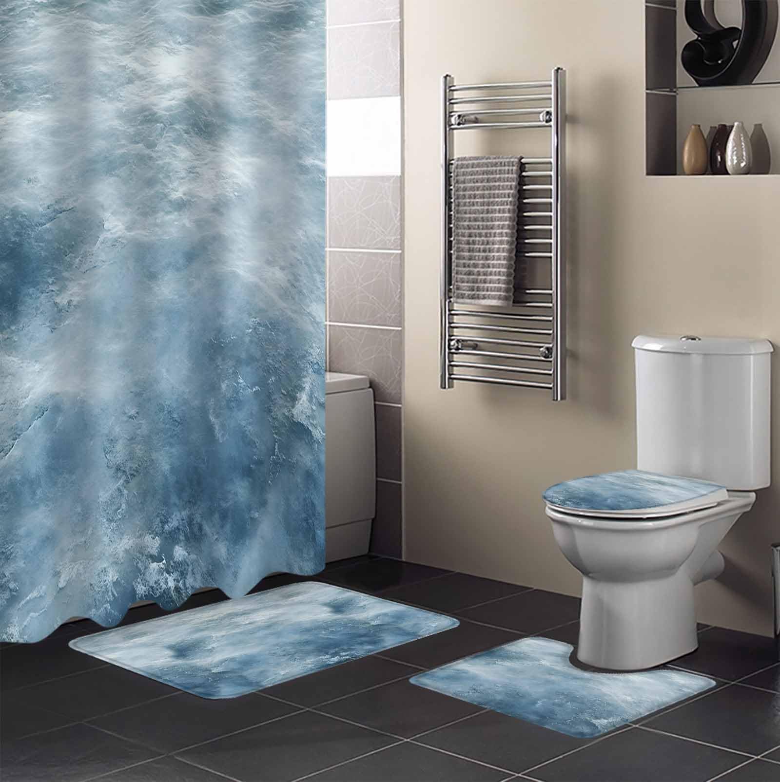 Blue Ocean Bathroom Set with Shower Curtain and Rug Accessories - 36x72 Inches Long Modern Waves Monochrome Sea Shore Landscape Stall Curtain Waterproof with Large Bath Mat,Washable Runner Rug Set
