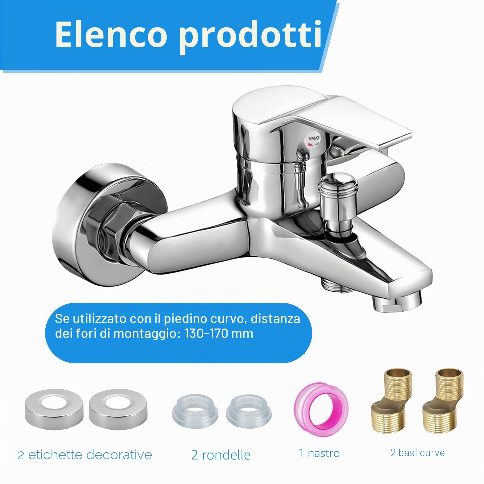 Bocguy Miscelatore per vasca da bagno, rubinetto vasca da bagno, rubinetto doccia monocomando, uscita doccia per vasca e doccia, cartuccia in ceramica cromata