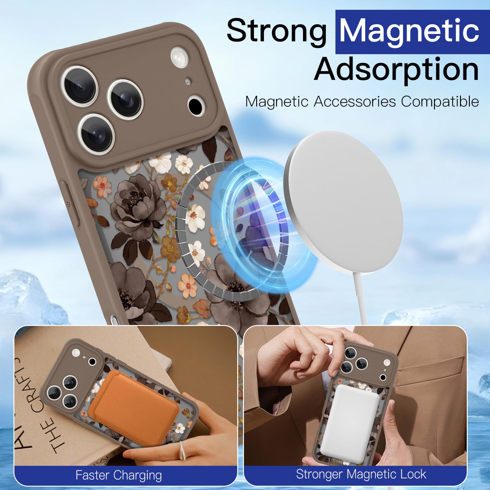 LSL Funda magnética para iPhone 17 Pro Max compatible con MagSafe, bonito diseño de flores, funda protectora de TPU a prueba de golpes para mujeres y niñas, color marrón