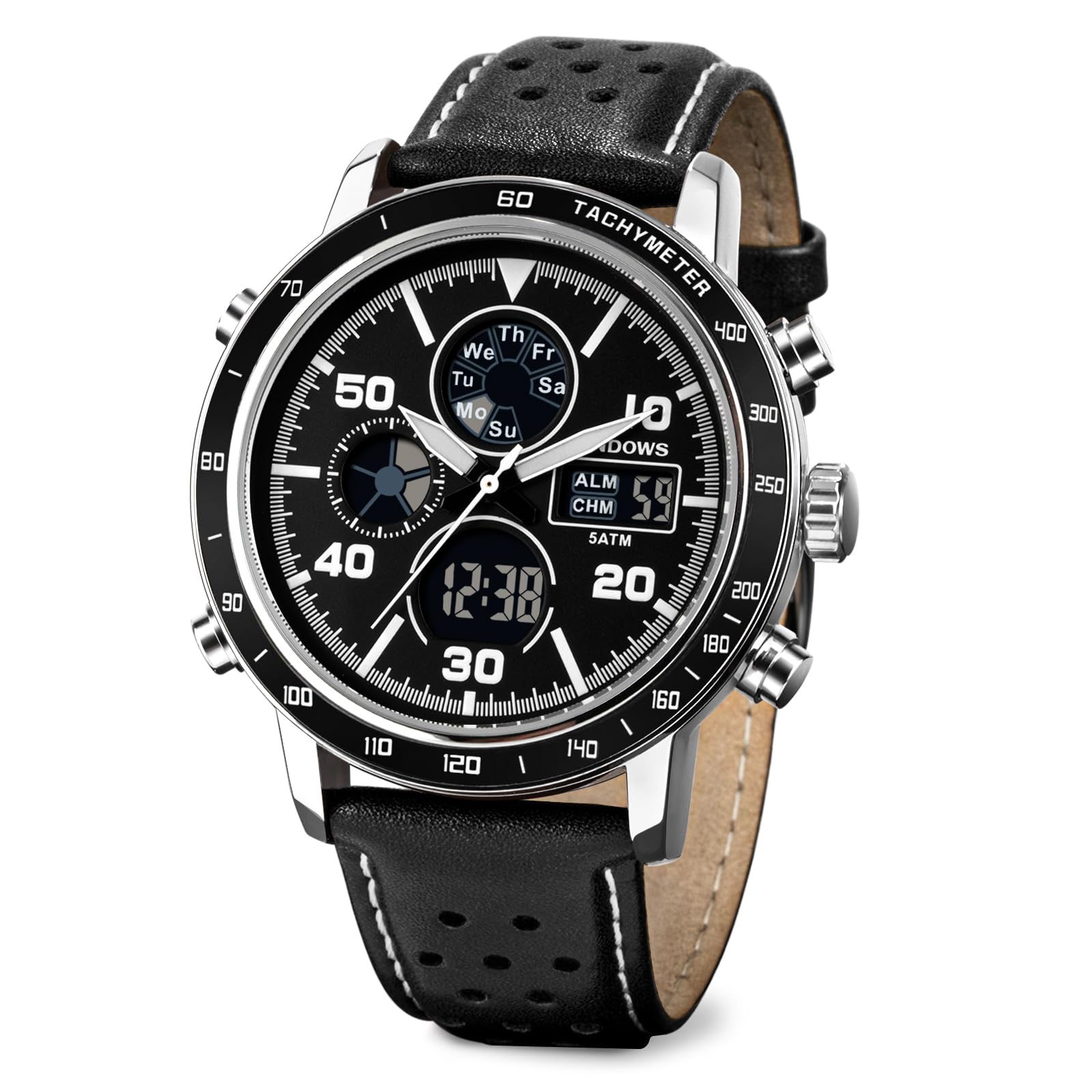 PINDOWS Herrenuhren, bis 30 m wasserdicht, militärische Digitale Analoguhr, Outdoor-Sportuhr, multifunktionale Lederarmbanduhr mit Dualzeit, LED-Hintergrundbeleuchtung, Alarm, Stoppuhr und Kalender