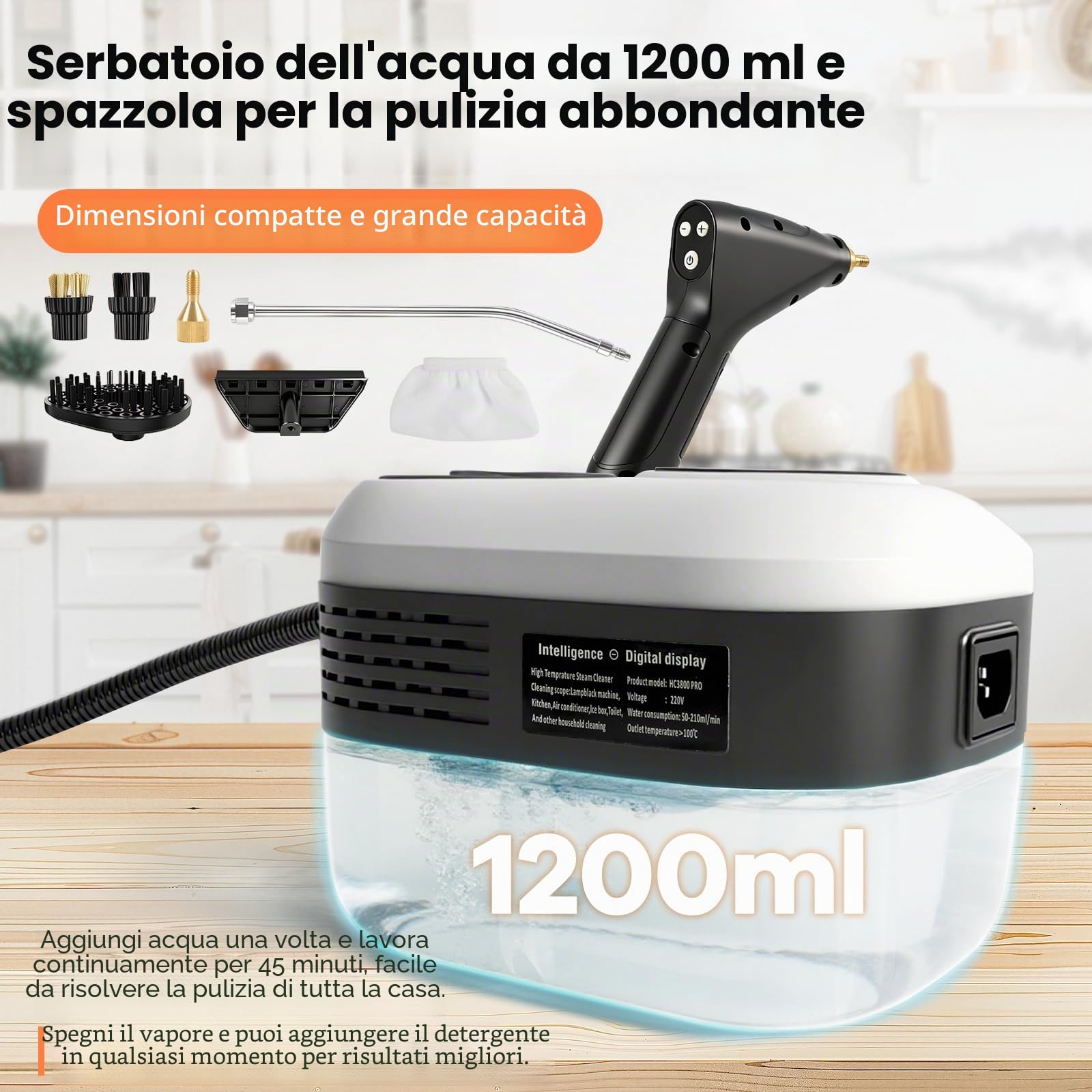 Pulitore a Vapore, Pulitore a Vapore Portatile Multiuso da 2500W con 6 Velocità Regolabili, Serbatoio 1200 ml, Steam Cleaner per Grasso Cucina, Piastrelle Bagno, Vetri, Divani auto (Bianco e nero)