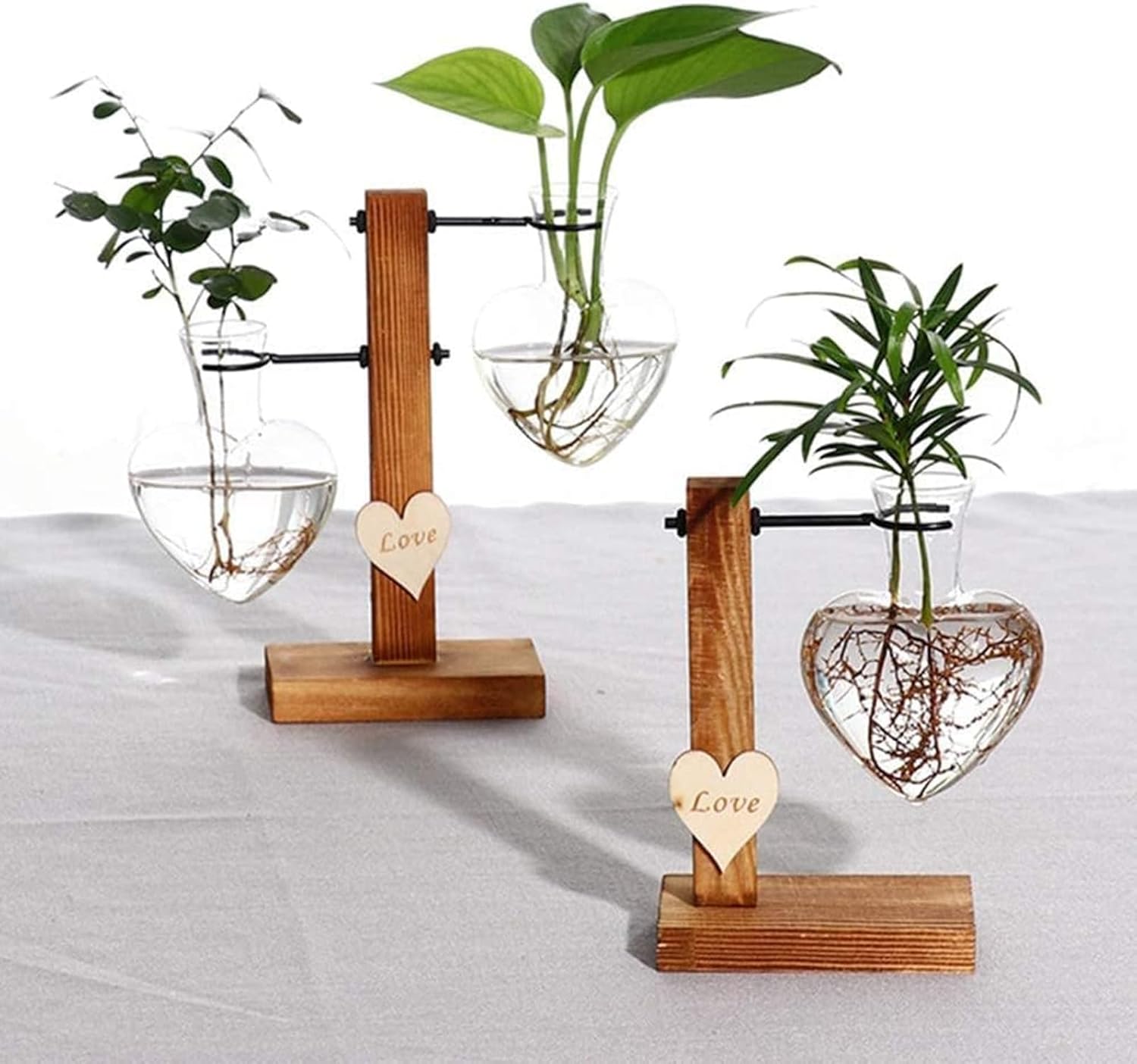 Glass Plant Terrarium with Wooden Stand,Creative Double Heart Glass Hydroponic Vases for Desktop Planter Bud Hydroponic Plant Home Garden Office Decoration (A)