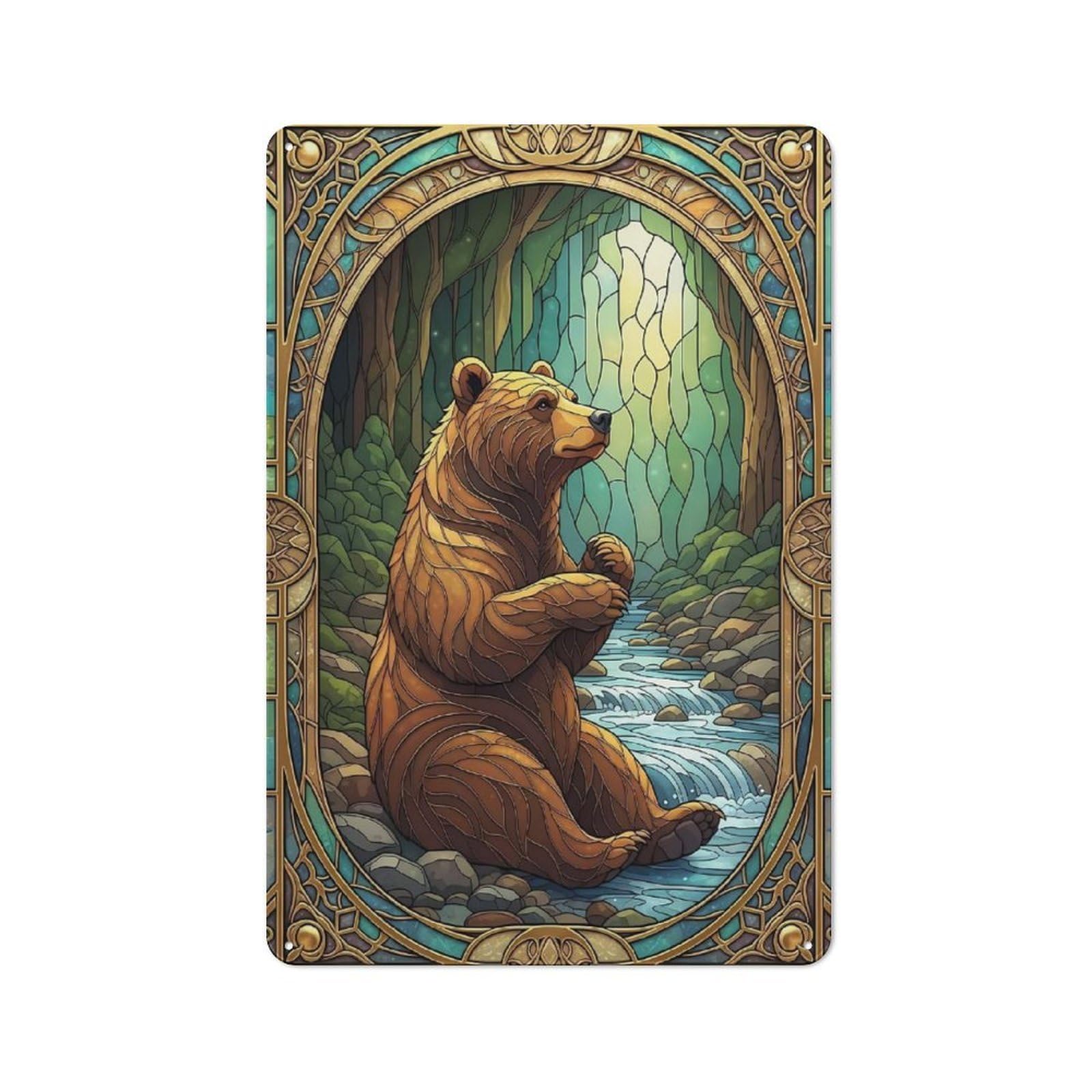 Junmoney Style-18 Outdoor Room Shed Metal Sign 30X20cm Featuring Stained Glass Bear By River, Utility Space Decor For Patio Bar, Workshop, Shed Or Kitchen